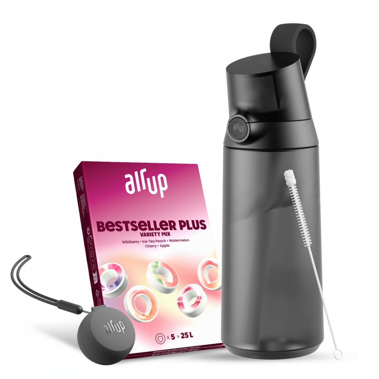 air up Gourde Click Midnight Black 600 ml | Paquet de 5 Pods | brosse pour paille | Pod Case Twogo Noir