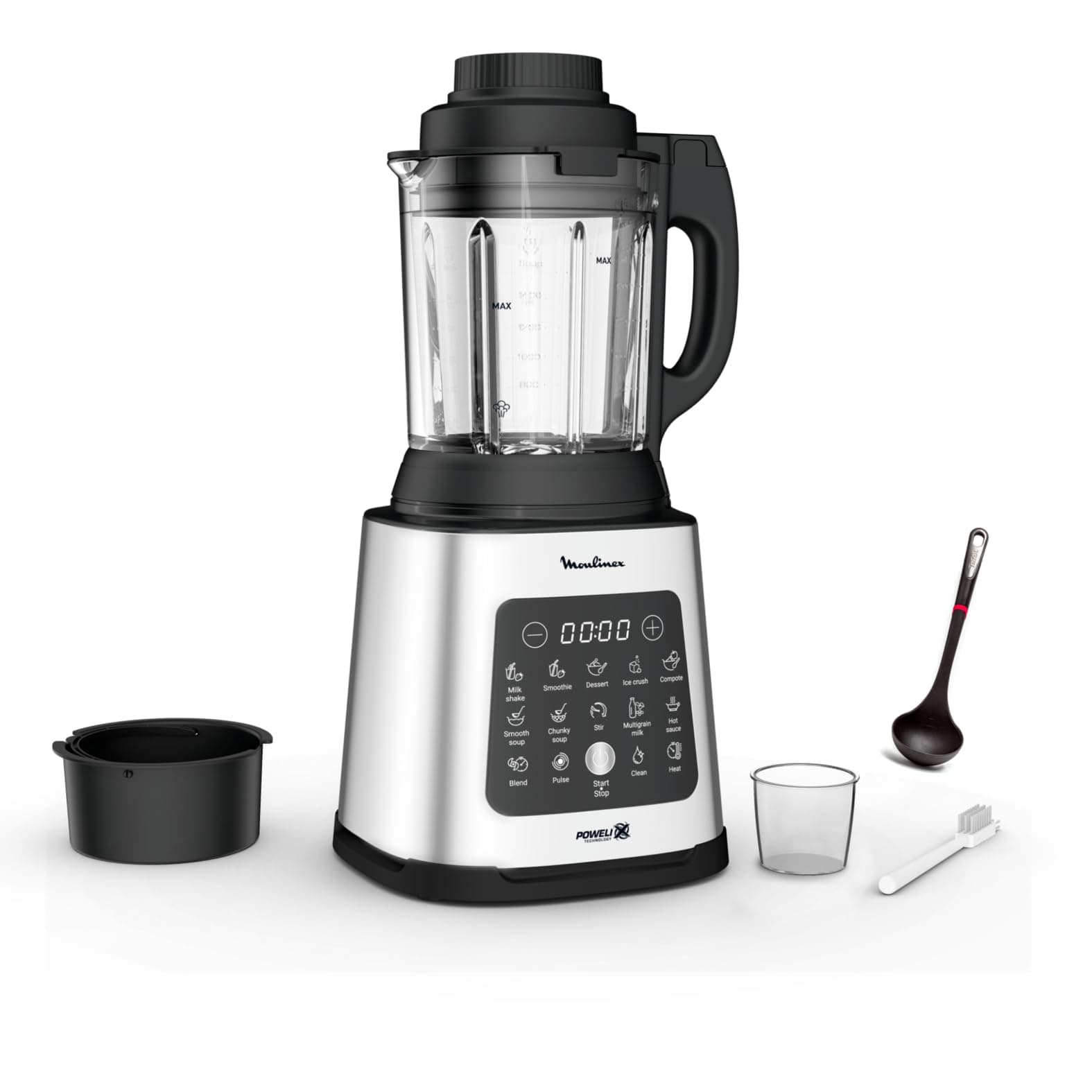 Moulinex Perfectmix Cook blender chauffant à haute vitesse, 10 programmes automatiques, 1400 W, YY5607FG, Noir et Transparent, Métal