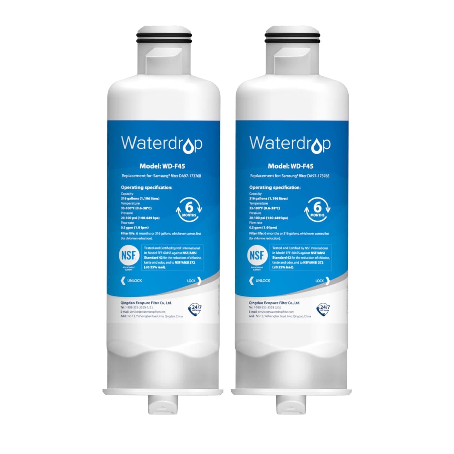 Waterdrop DA97-17376B Refrigerator Water Filter, Compatible with Samsung® HAF-QIN/EXP, DA97-17376B, HAF-QIN, DA97-08006C, Pack of 2
