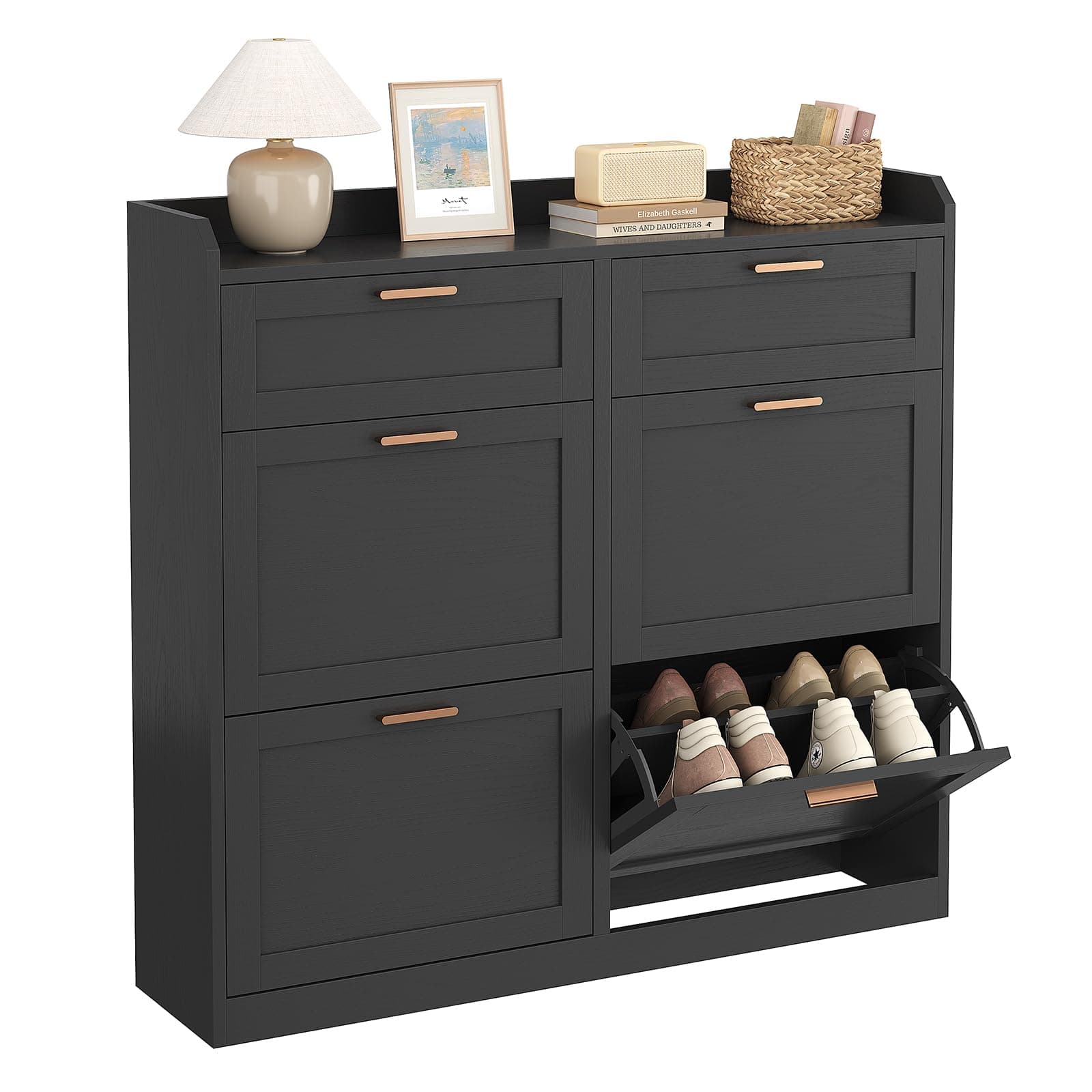 Meuble Chaussure Entrée, Porte Chaussures avec 4 Tiroirs Rabattables et Cloisons Réglables, 2 Tiroirs, Pour 16-24 Paires, Armoire à Chaussure pour Entrée, Couloir, Dressing, 24 x 100 x103 cm, Noir