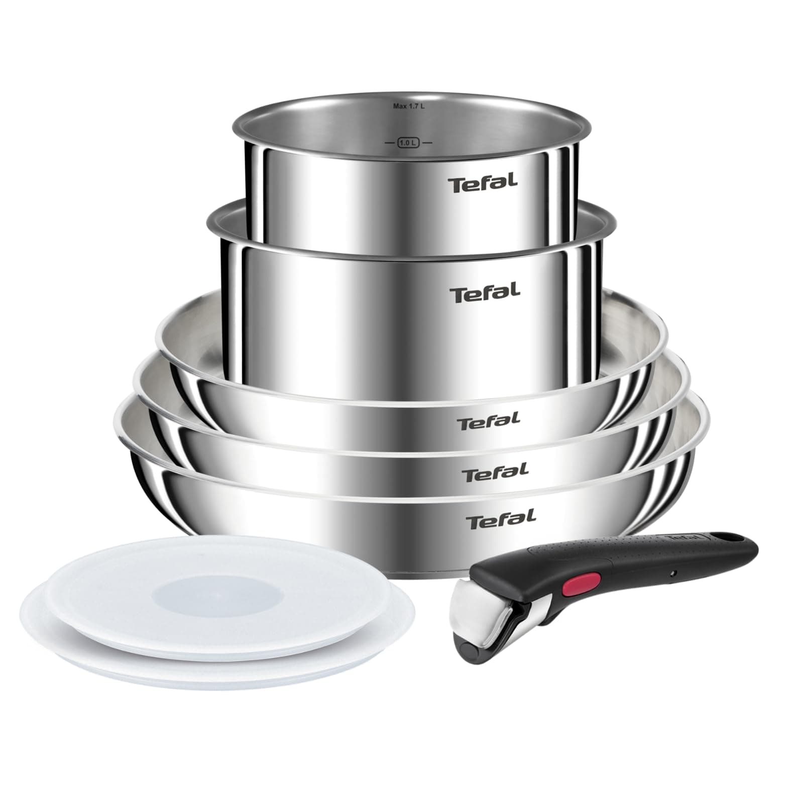 Tefal Ingenio Emotion - Juego de 3 Sartenes 22/26/28 cm + 2 Cazos 16/18 cm + Mango extraíble + 2 Accesorios, Apto inducción, sin antiadherente,acero inoxidable, apto lavavajillas y horno