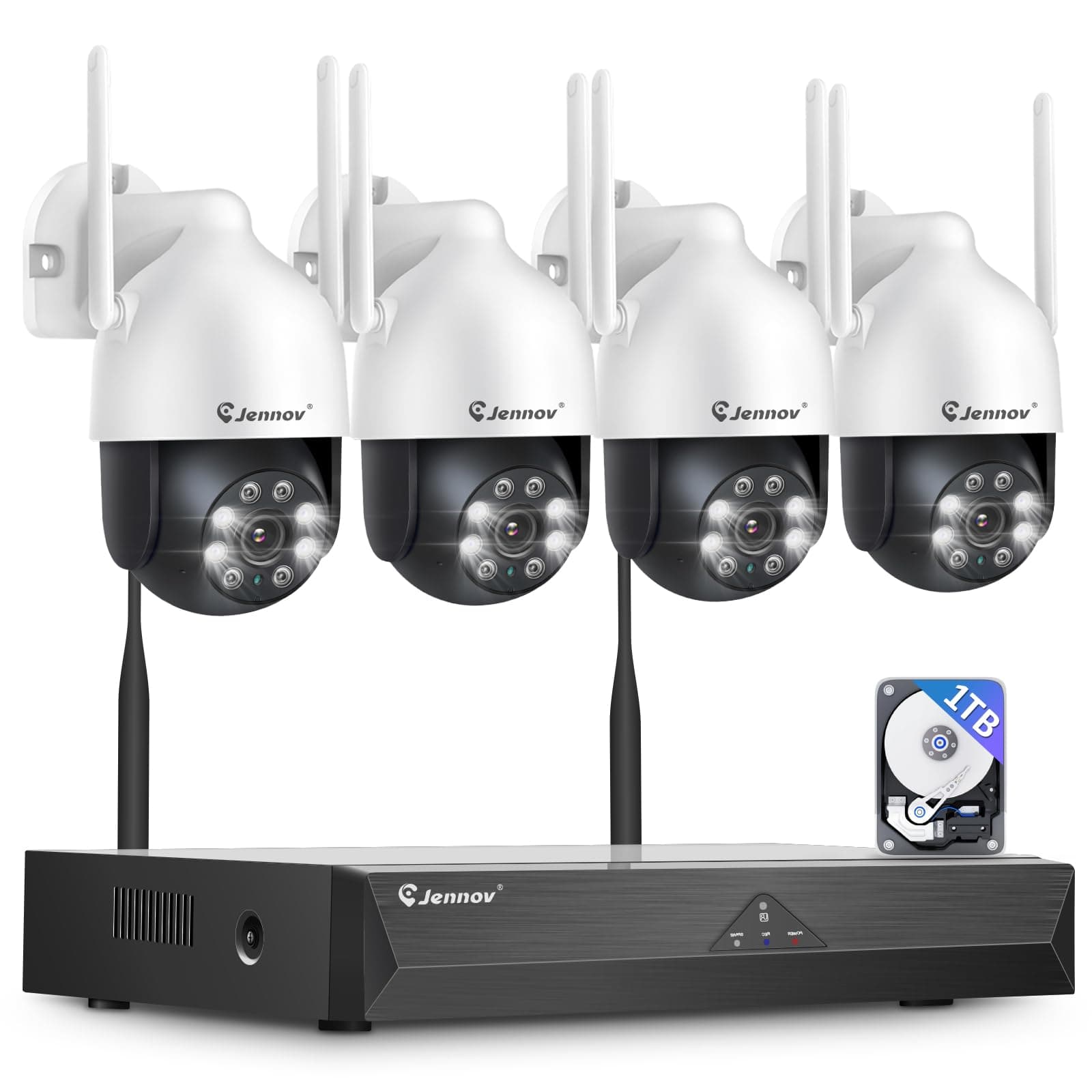 Jennov 【5MP+360°PTZ Kit Caméra de Surveillance WiFi Extérieure, 10CH 5MP NVR 1TB et 4X5MP PTZ Caméra avec Audio Bidirectionnel, Vision Nocturne Couleur, Détection de Personne, Enregistrement 24/7