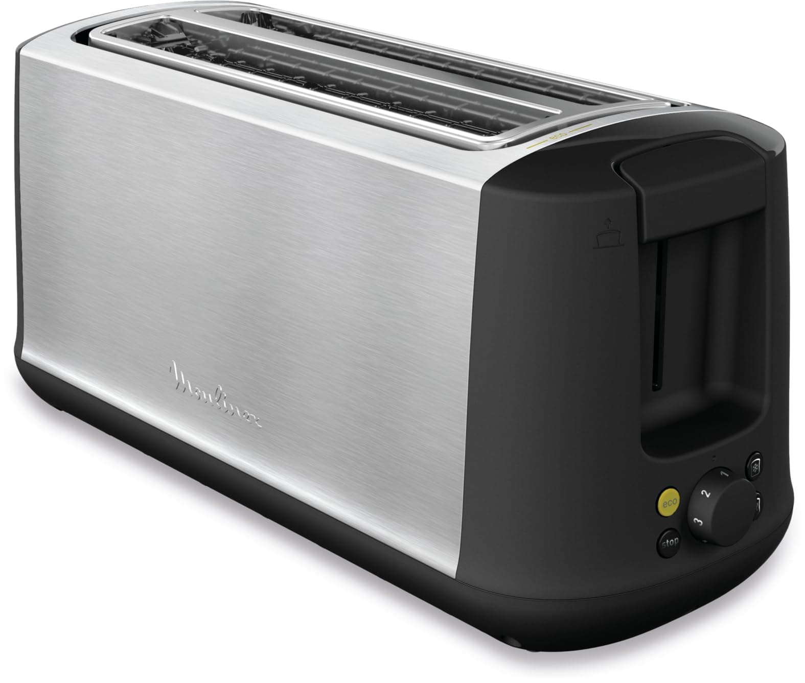 Moulinex Subito Select, Tostadora de 2 ranuras largas, 7 niveles de tostado, descongela, recalienta, función ECO, exterior acero inoxidable, bandeja recogemigas extraíble, palanca elevadora, LS342D10