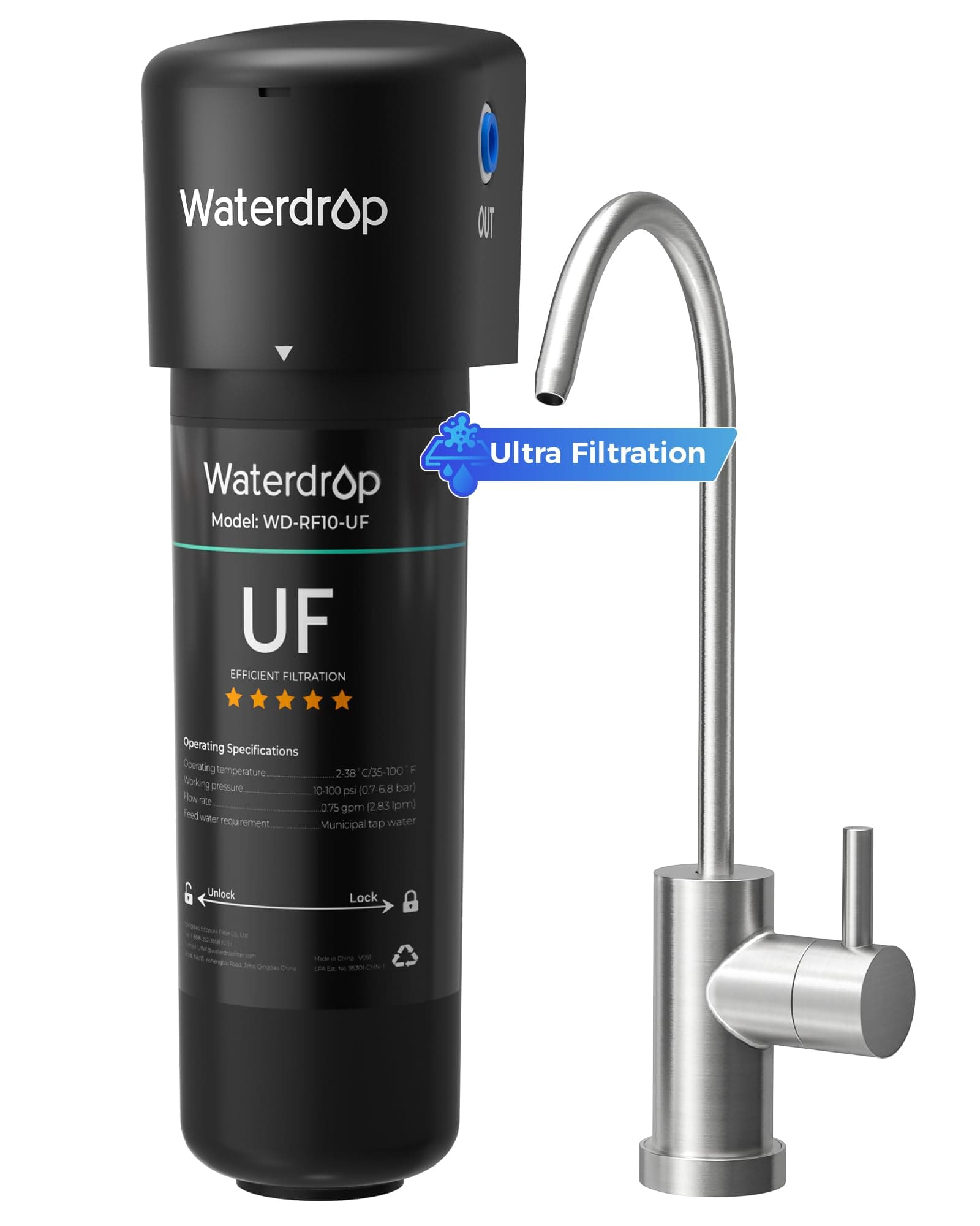 Waterdrop 10UB-UF 0,01 μm Ultra filtrazione sotto il sistema di filtraggio dell'acqua del lavandino, riduce il piombo, il cloro, il cattivo gusto e gli odori, 11000 Galloni