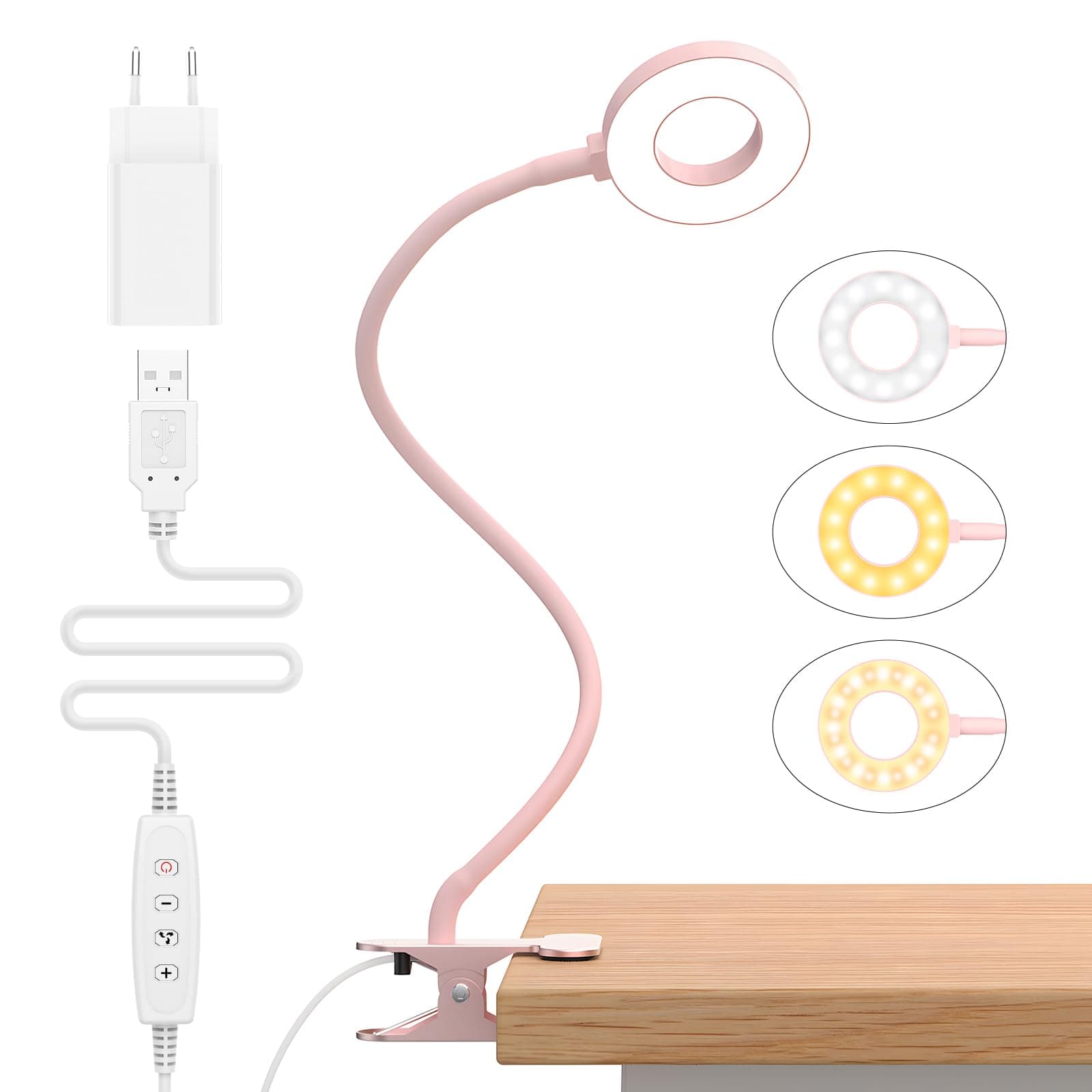 iZELL 23 LED Luz Lectura con Clip [3 Colores y 10 Brillos] Flexo LED Escritorio con Pinza 99.99% Bloqueo de Luz Azul Lámparas de Escritorio, Lámpara Mesa pare Estudio Trabajo Leer(Adaptador Incluido)