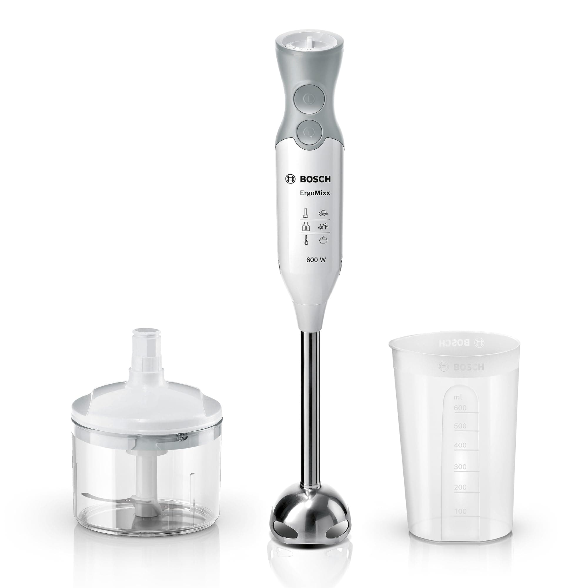 Bosch Frullatore a Immersione MSM66120, 600W, Impugnatura Ergonomica, Piede in Acciaio Inox, Lama a 4 ali Acciaio Inox, Velocità Variabile, Accessorio Tritatutto Incluso, Bicchiere Graduato, Bianco