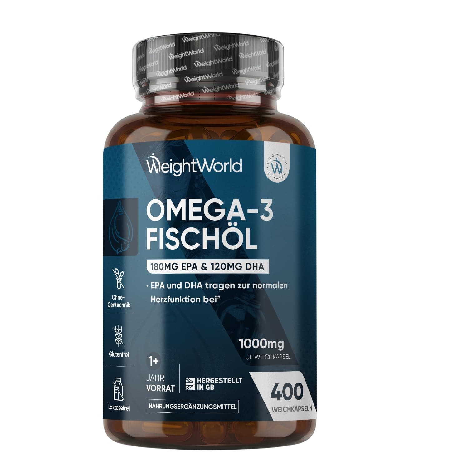 Omega 3 Kapseln - 400 Weichkapseln - 1+ Jahr Vorrat - IFOS Zertifiziert - 1000mg Fischöl pro WeichKapsel - Essentielle Omega 3 Fettsäuren mit EPA 180 mg, DHA 120mg - Fischöl Kapseln - WeightWorld