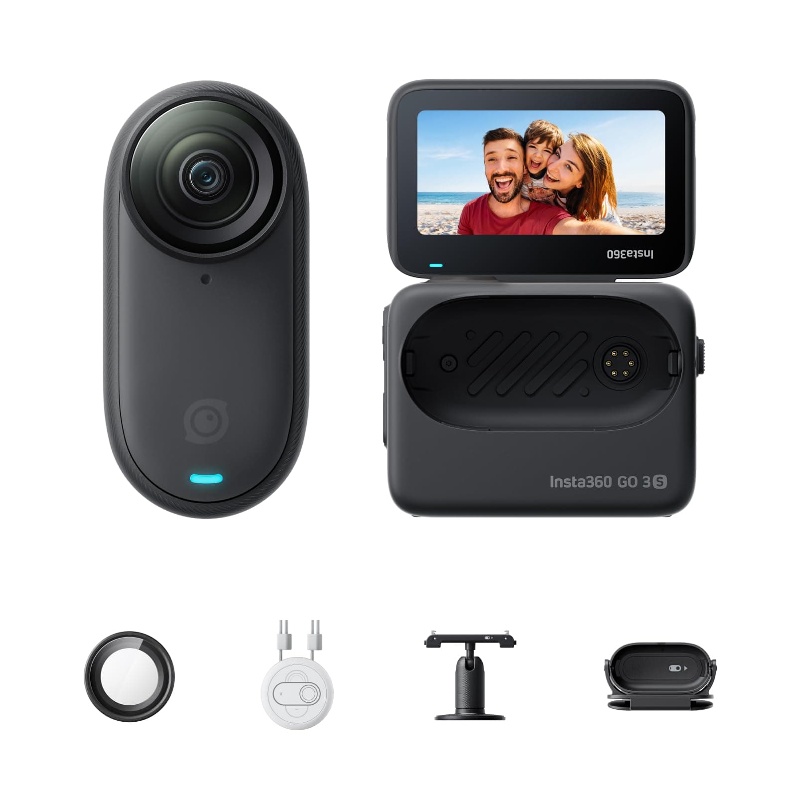 Insta360 GO 3S 64GB Negro - Minicámara portátil 4K POVs Manos Libres, se Puede Colocar en Cualquier Lugar, estabilización, batería de 140 min, Resistente al Agua, 10 m, edición de IA, Apple Find My