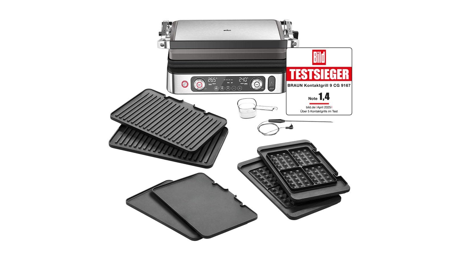 Braun MultiGrill 9 CG 9167, Kontaktgrill mit Grill-, Flach- und Waffelplatten und Temperaturfühler, Grillpositionen: Kontakt, Ofen, Spülmaschinenfeste Platten, Fettauffangschale, Boost-Funktion 265°