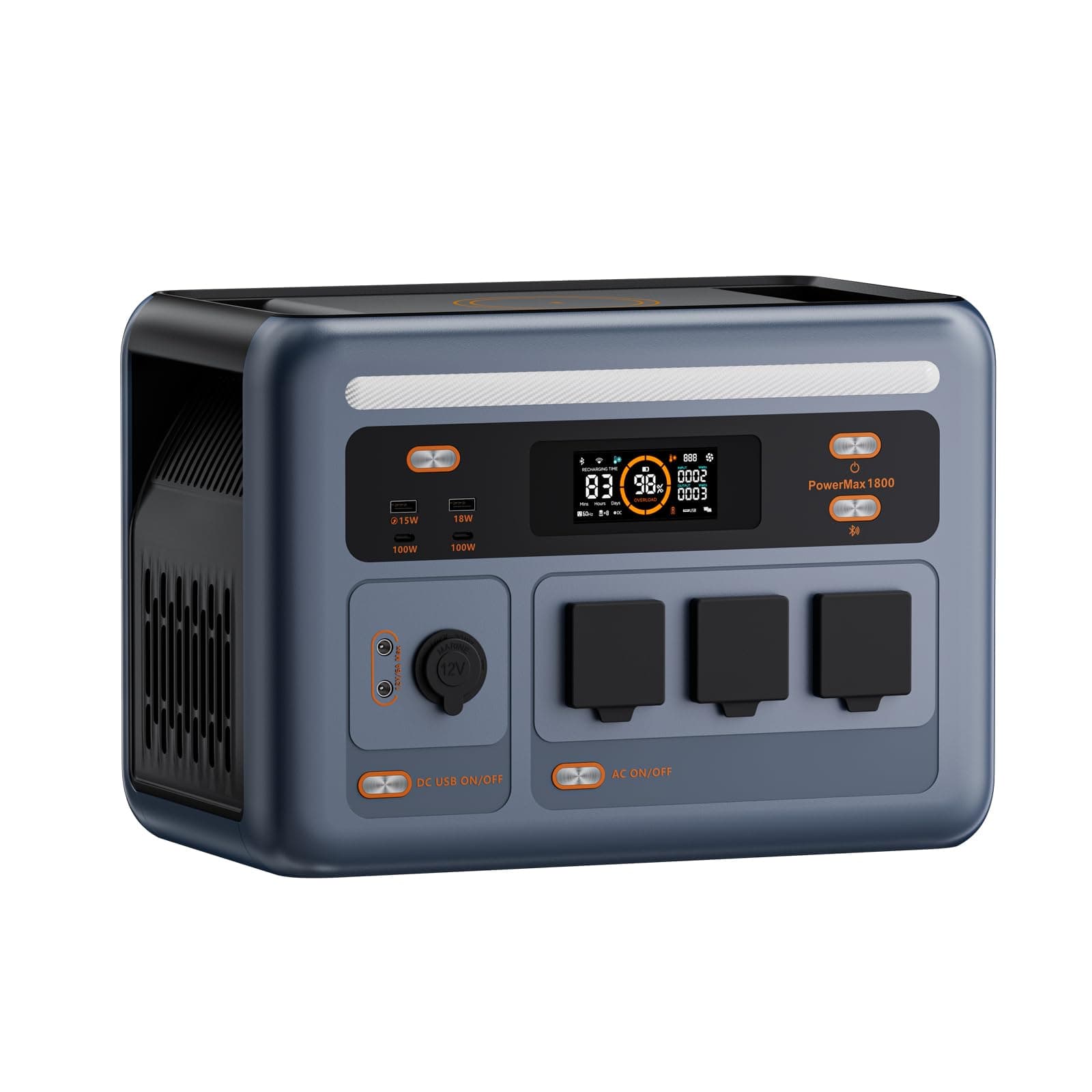PowerMax 1800SE Estación de Energía Portátil 1800W | 1024Wh LiFePO4, 1800W CA (3600W pico), USB-C 100W, USV 8ms. Ideal para camping, caravanas y hogar