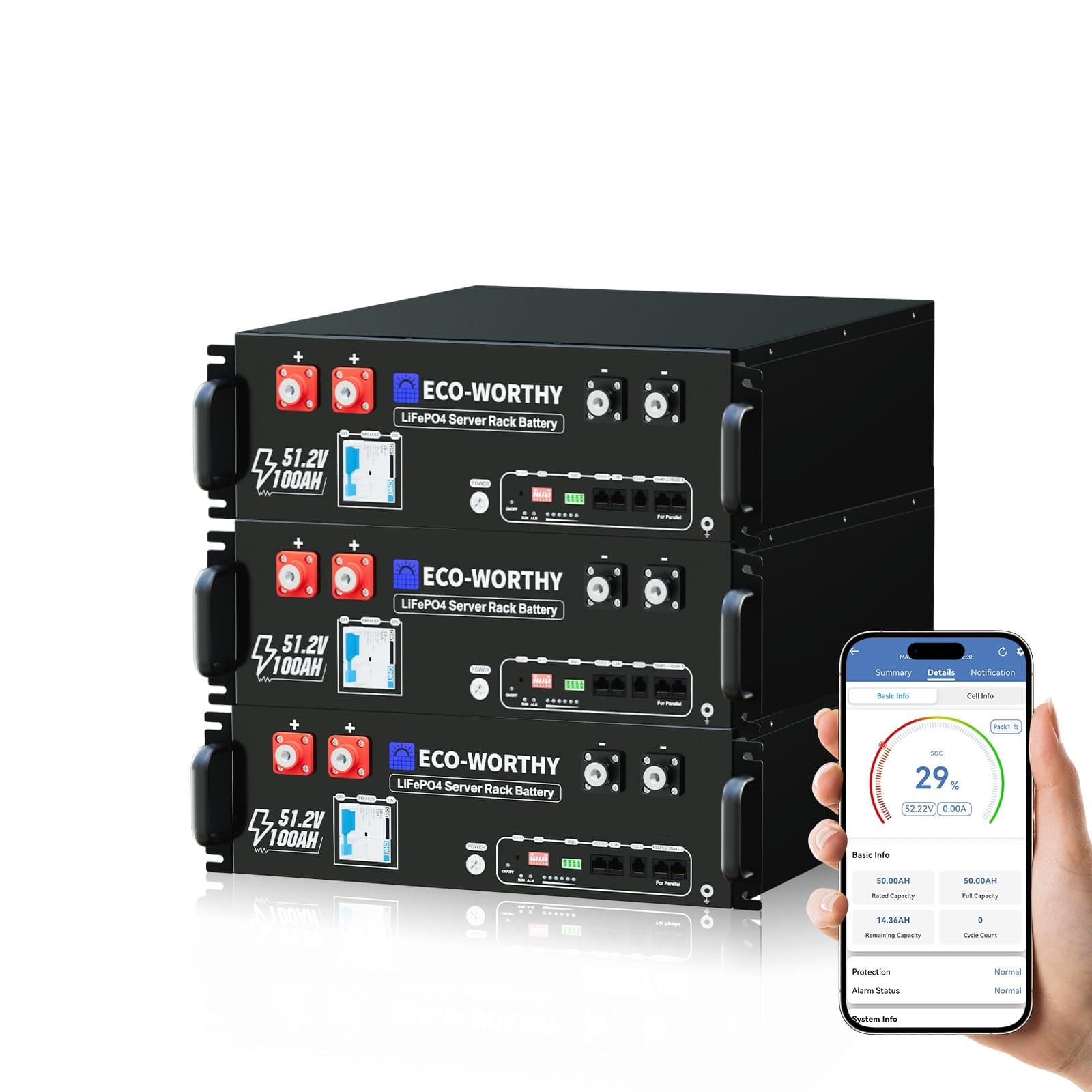 ECO-WORTHY LiFePO4 48V 300Ah Server Rack 15KWH Bateria lifepo4 (3 Unidades, 48V 100Ah, 100 A, BMS, 3U, Compatible con Can&RS485 para Sistema Solar Completo, Sistema fotovoltaico)