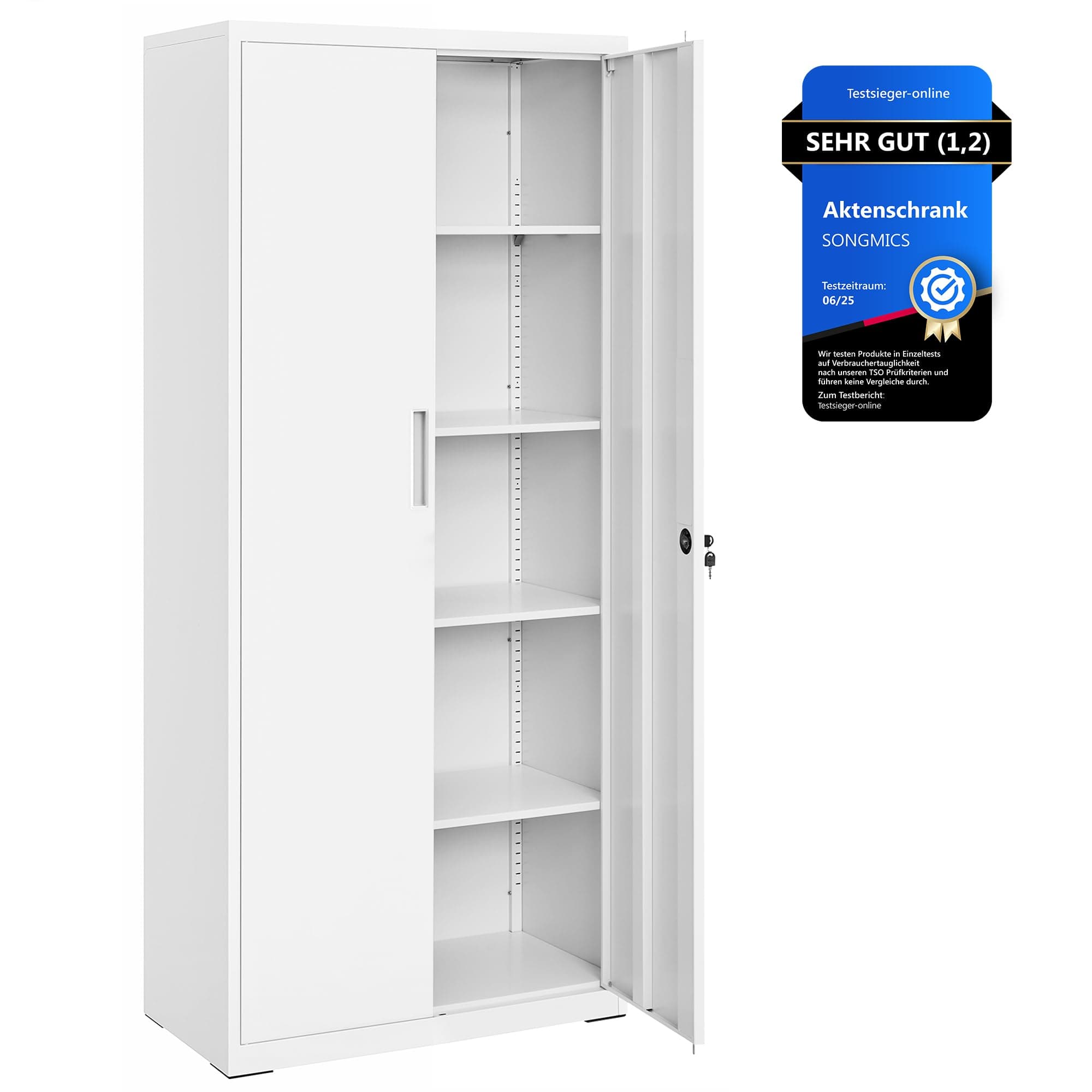 SONGMICS Aktenschrank, Mehrzweckschrank, Stahl-Aufbewahrungsschrank, 5 Ebenen, Doppeltüren, Schloss, Werkzeugschrank, verstellbare Ablagen, Garage, Büro, Wohnzimmer, weiß OMC015W01