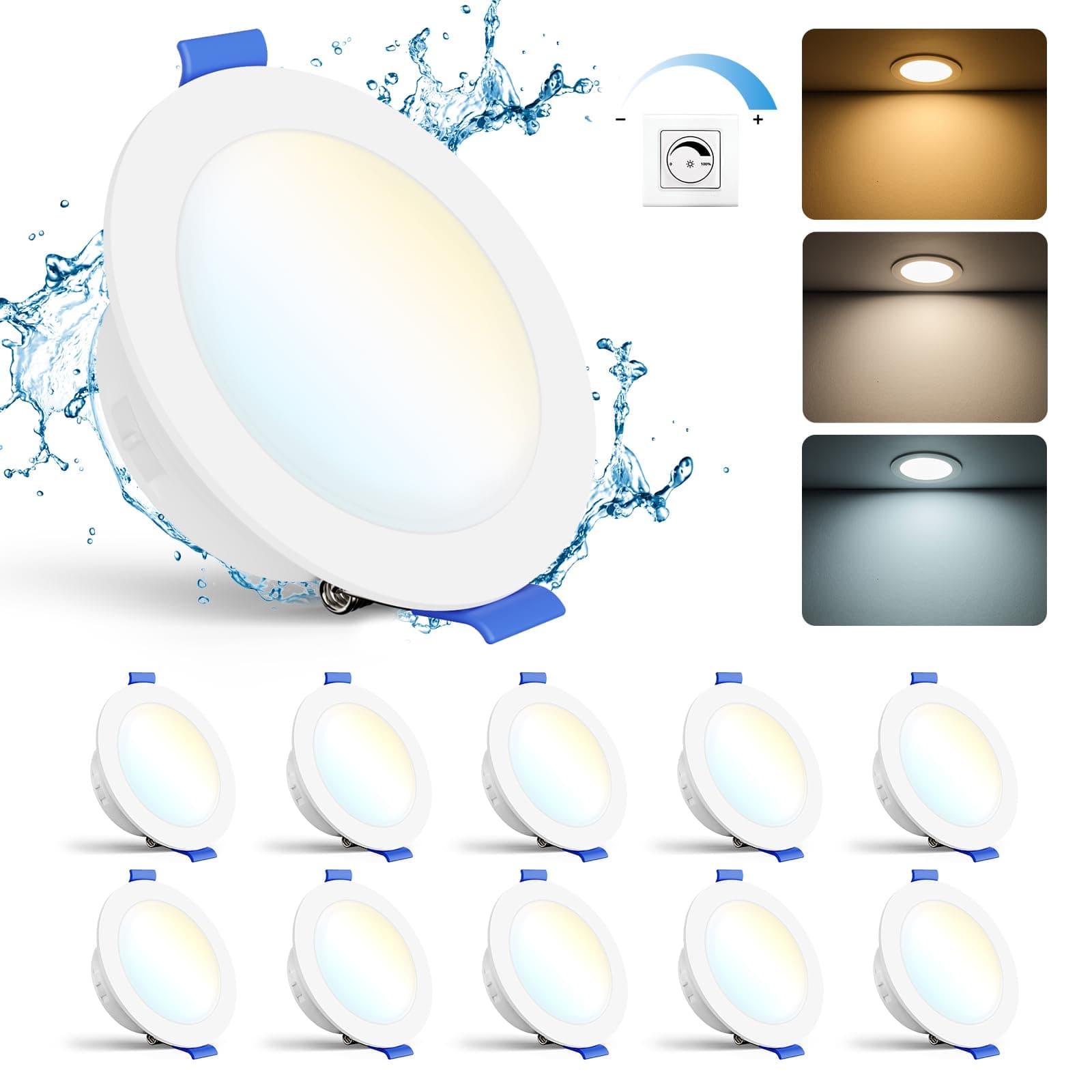 Gr4tec Spot LED Encastrable Dimmable, Lot de 10 6W Spot Salle de Bain IP65 Blanc Chaud 2700K Blanc Neutre 4000K Blanc Froid 6000K 700LM, Spots de Plafond Extra Plat Pour Salon Cuisine, Trou Φ68-80mm