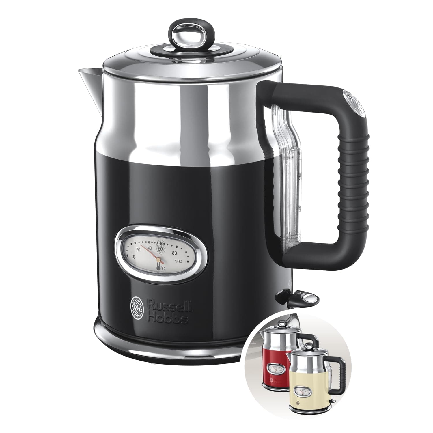 Russell Hobbs Wasserkocher [1,7l, 2400W] Retro Schwarz & polierter Edelstahl (Schnellkochfunktion, Wassertemperaturanzeige im Retrodesign, außenliegende Wasserstandsanzeige) Teekocher 21671-70