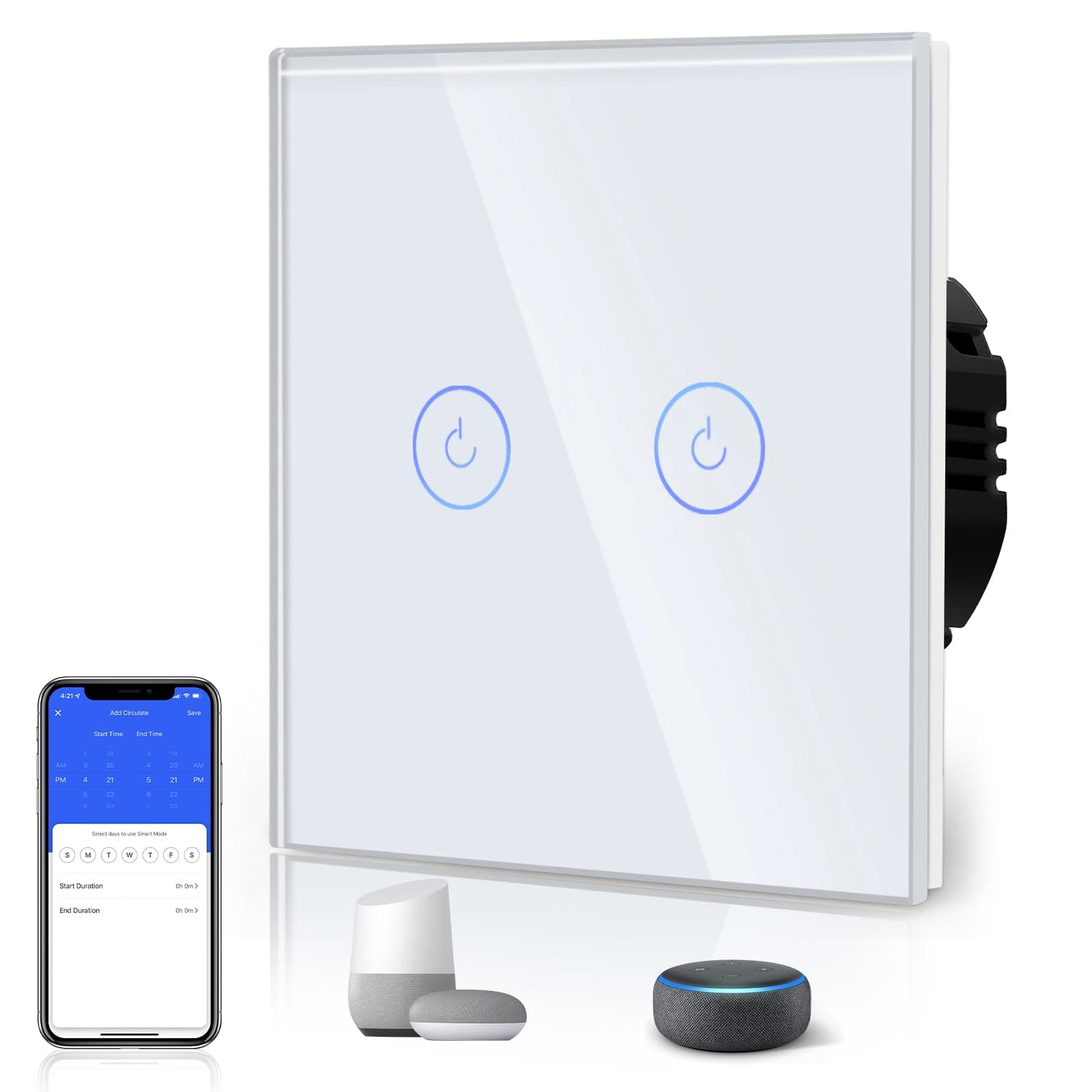BSEED Interruptor Inteligente WIFI,Interruptores Tactil Con Cristal,Compatible con Alexa,Tuya y Smart Life,Requiere Cable Neutro,2 Gang 1 Vía,86mm Blanco