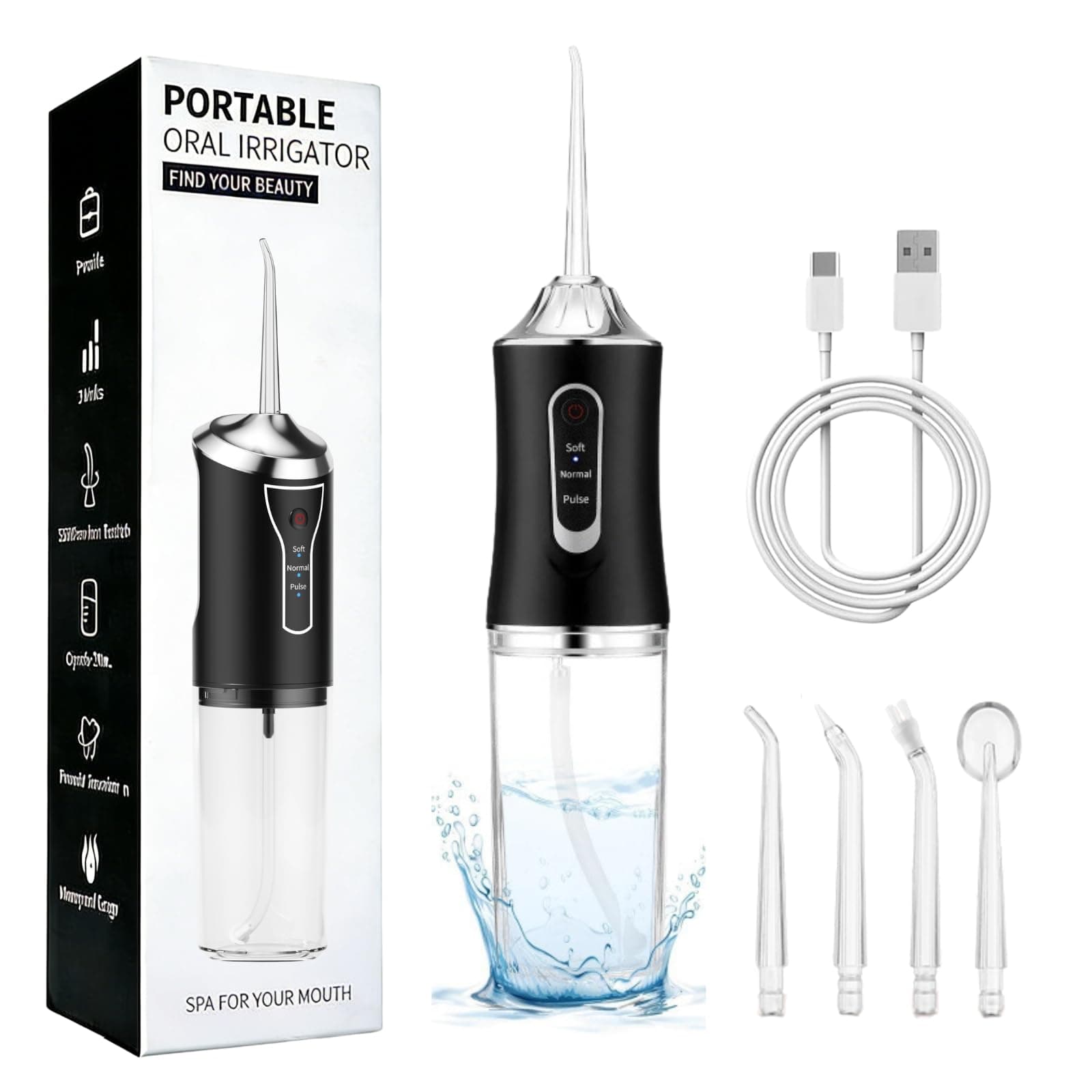 Idropulsore Dentale Portatile Denti, Water Flosser, Scovolino Denti, Irrigatore Orale 4 Modalità e 3 Intensità, Serbatoio da 230ml, Wasserdicht und Wiederaufladbar per Viaggi e Casa