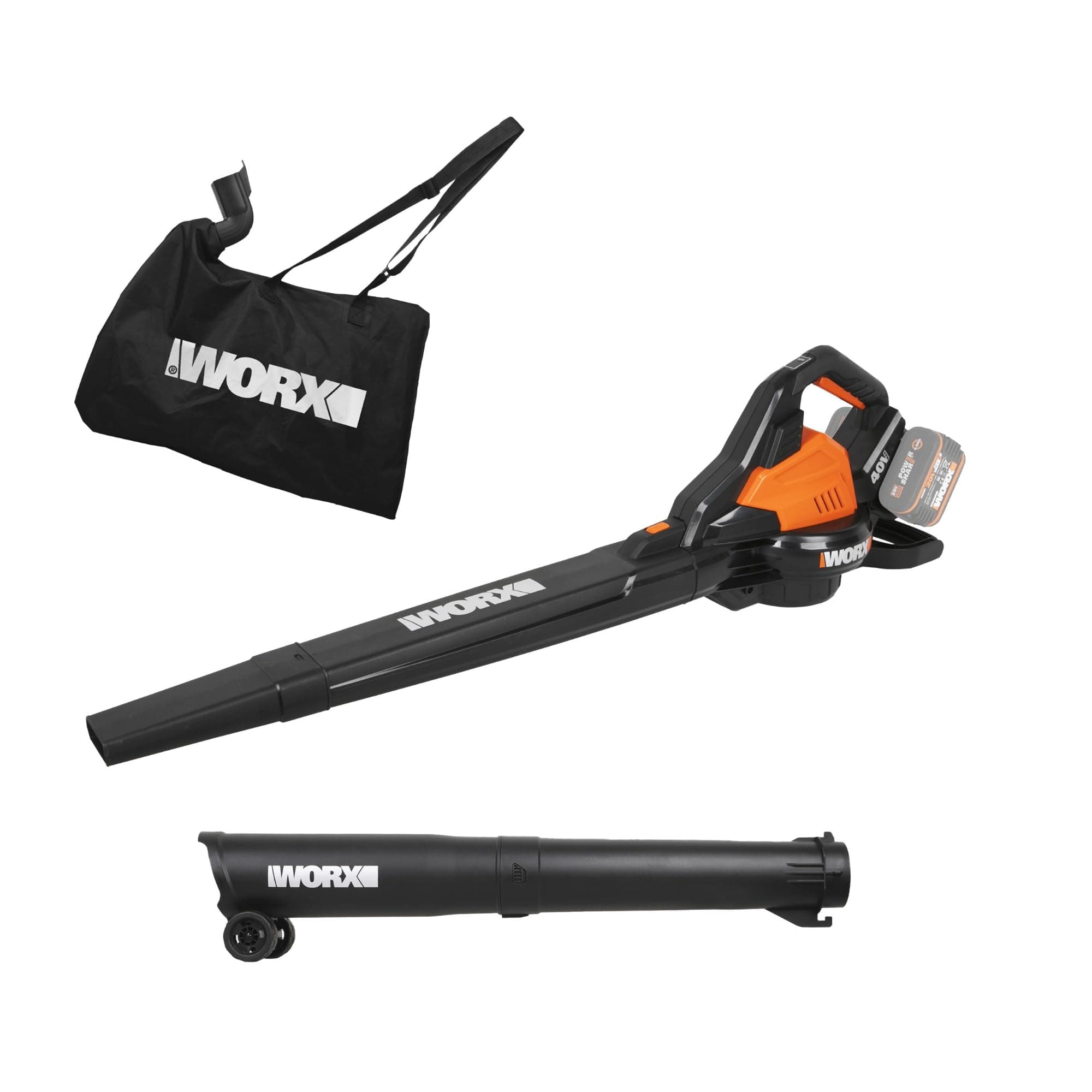 WORX Aspirateur-Souffleur sans Fil Brushless 40V WG583E.9, 2 en 1, Vitesse de 335km/h, 2 Modes de Vitesses pour Plus d'efficacité, avec Harnais et Sac, livré sans Batterie ni Chargeur