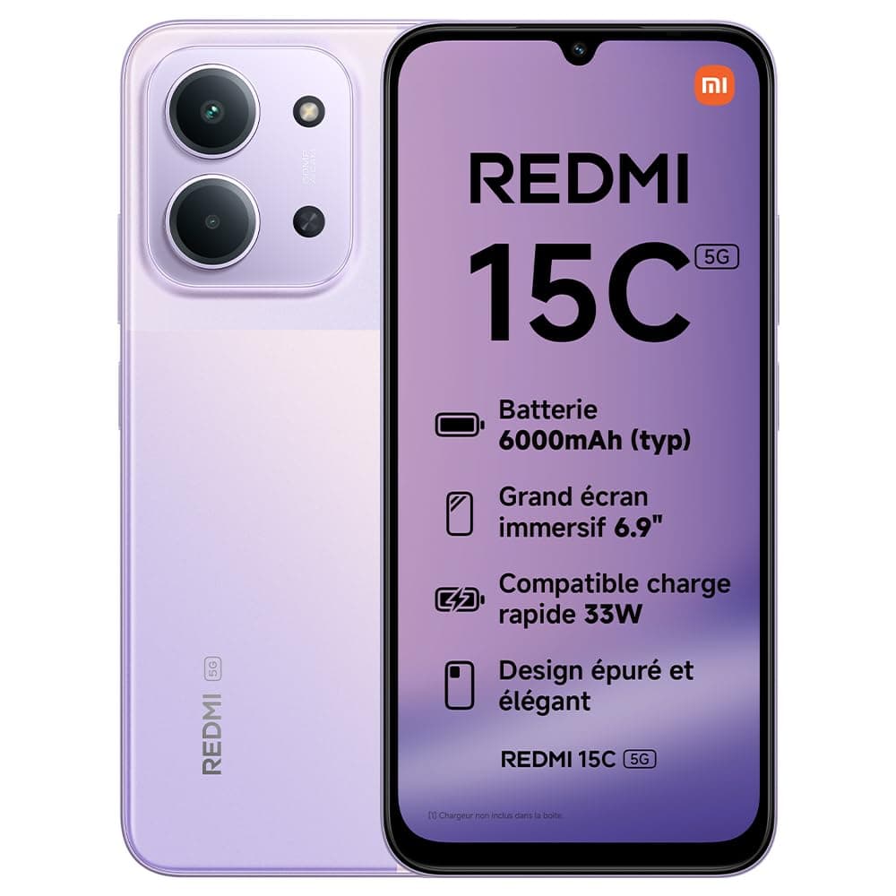 Xiaomi REDMI 15C 5G, Smartphone 4+128 Go, Écran 6,9" 120 Hz, Processeur MediaTek Dimensity 6300 6 nm Octa-Core, Double caméra 50 MP avec IA, 6 000mAh, Violet, Chargeur Non Inclus