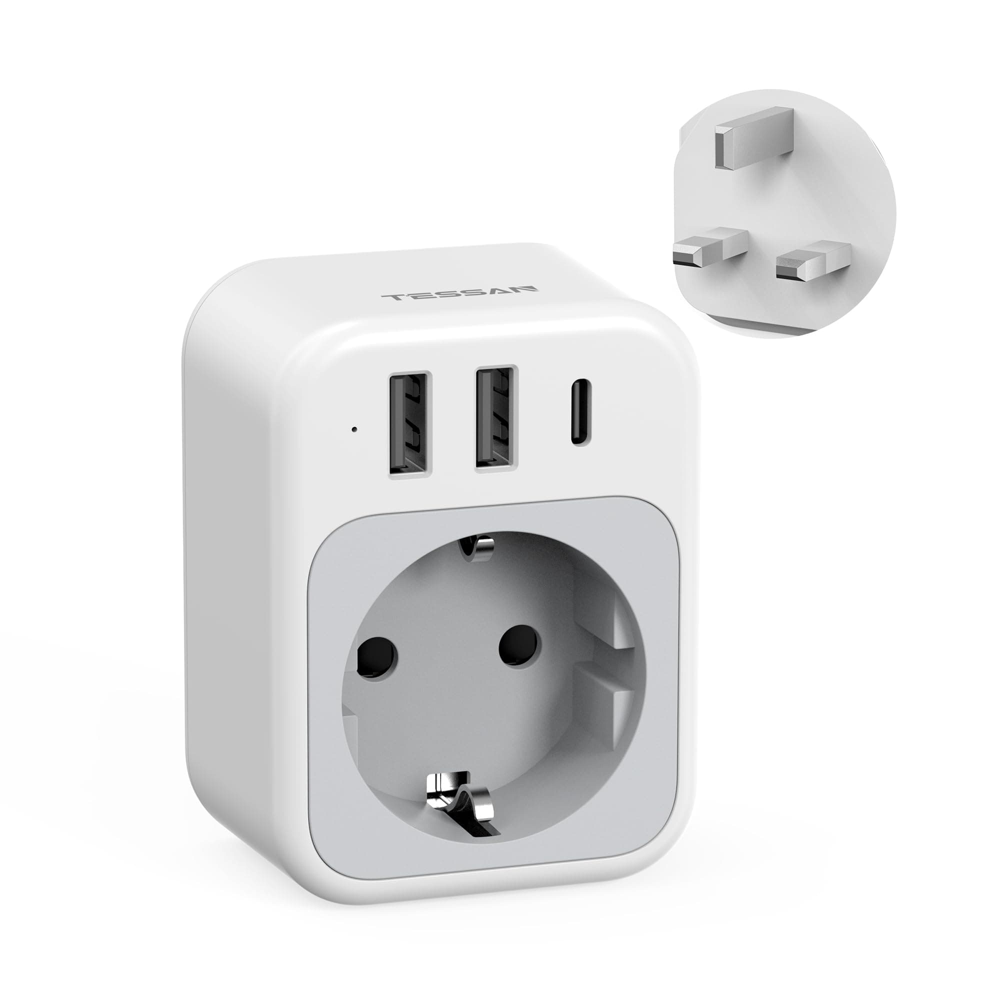 TESSAN Adaptador Enchufe UK, 4 en 1 Adaptador Enchufe Ingles con USB C y 2 USB A, 3250W Adapter Español a Ingles, Adapter Tipo G para Irlanda Malta Malasia Vietnam Chipre