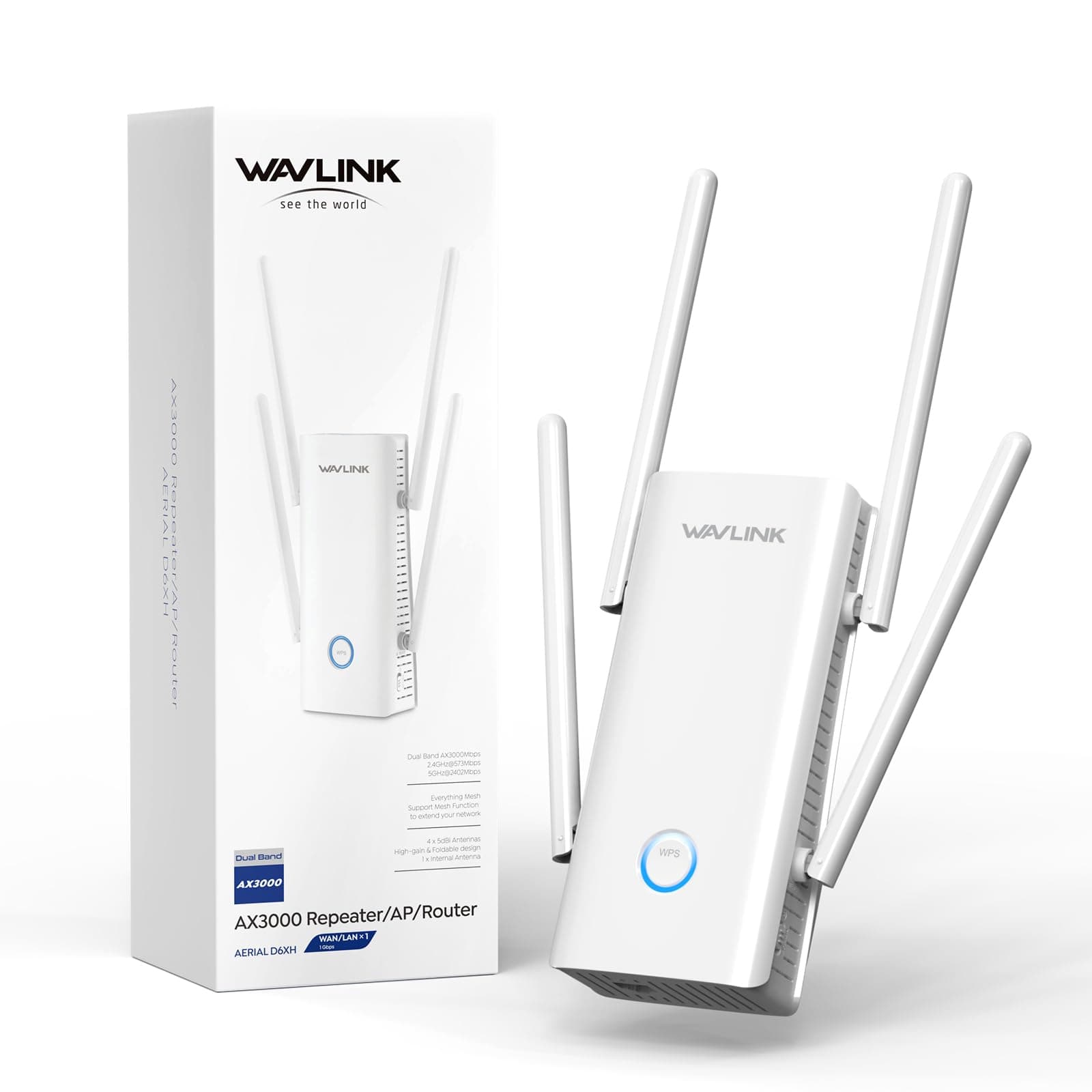 WAVLINK Repetidor WiFi 6 Largo Alcance para Casa, Amplificador Señal WiFi AX3000 con Puerto Ethernet, Extensor WiFi de Doble Banda con Antenas 5 * 5dBi Cobertura hasta 3000sq.ft