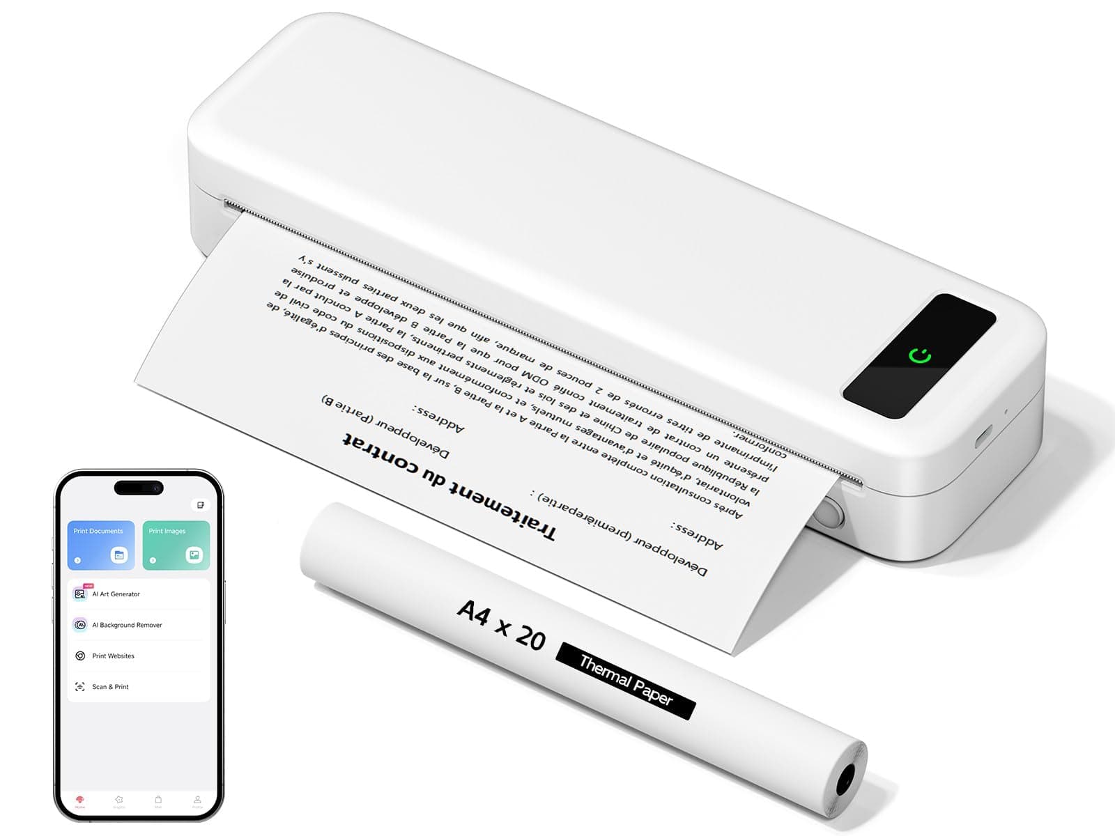 Imprimante Thermique Portable A4 sans Encre Compatible avec iOS, Android, Imprimante sans Fil Bluetooth pour Papier Thermique 216/210/110/80/53mm, Voyage, Bureau, École, Maison, Voiture, Blanc