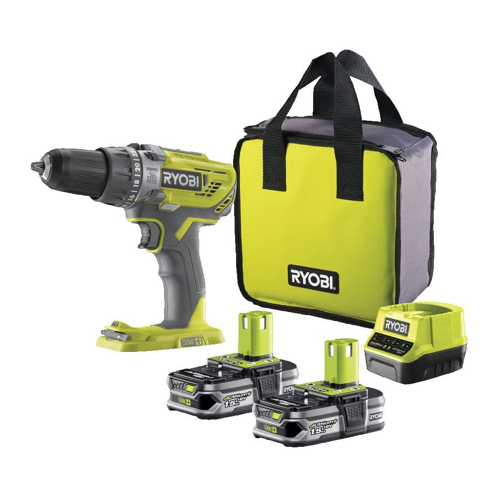 RYOBI Taladro Percutor Atornillador Inalámbrico 18V ONE+ con 2 Baterías 1.5Ah, Cargador y Bolsa - 2 Velocidades