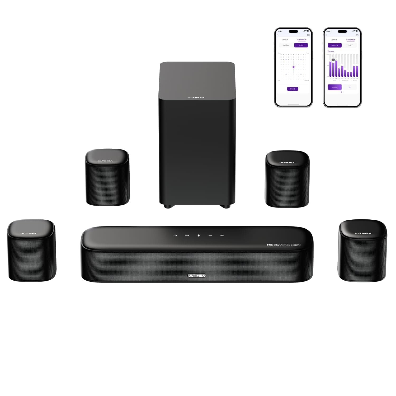 ULTIMEA Aura A60 7.1 Dolby Atmos Soundbar, con Subwoofer, Altavoz TV con Control a través de App, Sistema Surround Cinema 3D con 4 Altavoces Surround, TV Soundbar con HDMI eARC de 350W, Bluetooth