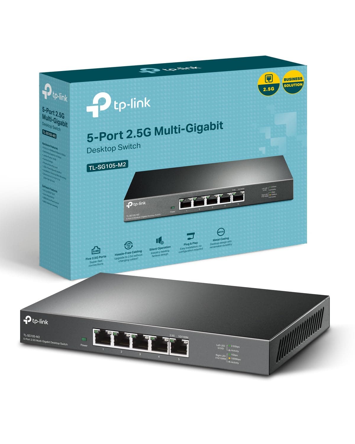TP-Link Switch 2.5 Gigabit 5 Ports, Boitier Métal, Silencieux sans Ventilateur, Plug-and-Play, Protection à Vie, 100/1000/2500Mbps pour PC, NAS, Serveur, Console de Jeu, Vidéo 4K/8K, TL-SG105-M2