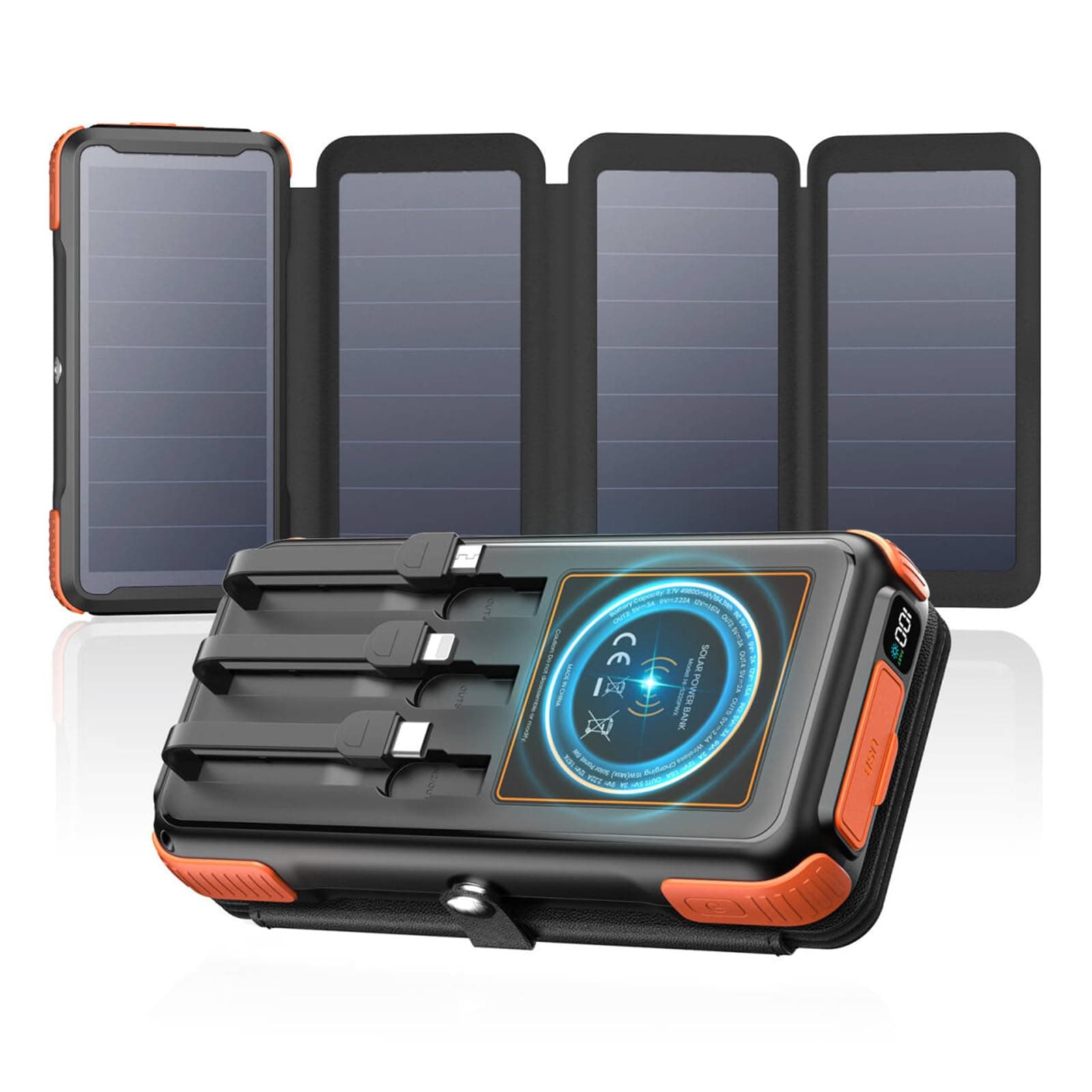 Cargador Solar Power Bank 25000mAh - A ADDTOP 20W Bateria Externa Carga Rapida con USB C - Bateria Portatil Inalámbrica con 3 Cables 4 Paneles - PD QC 3.0 Cargador Portátil para Teléfono Tabletas
