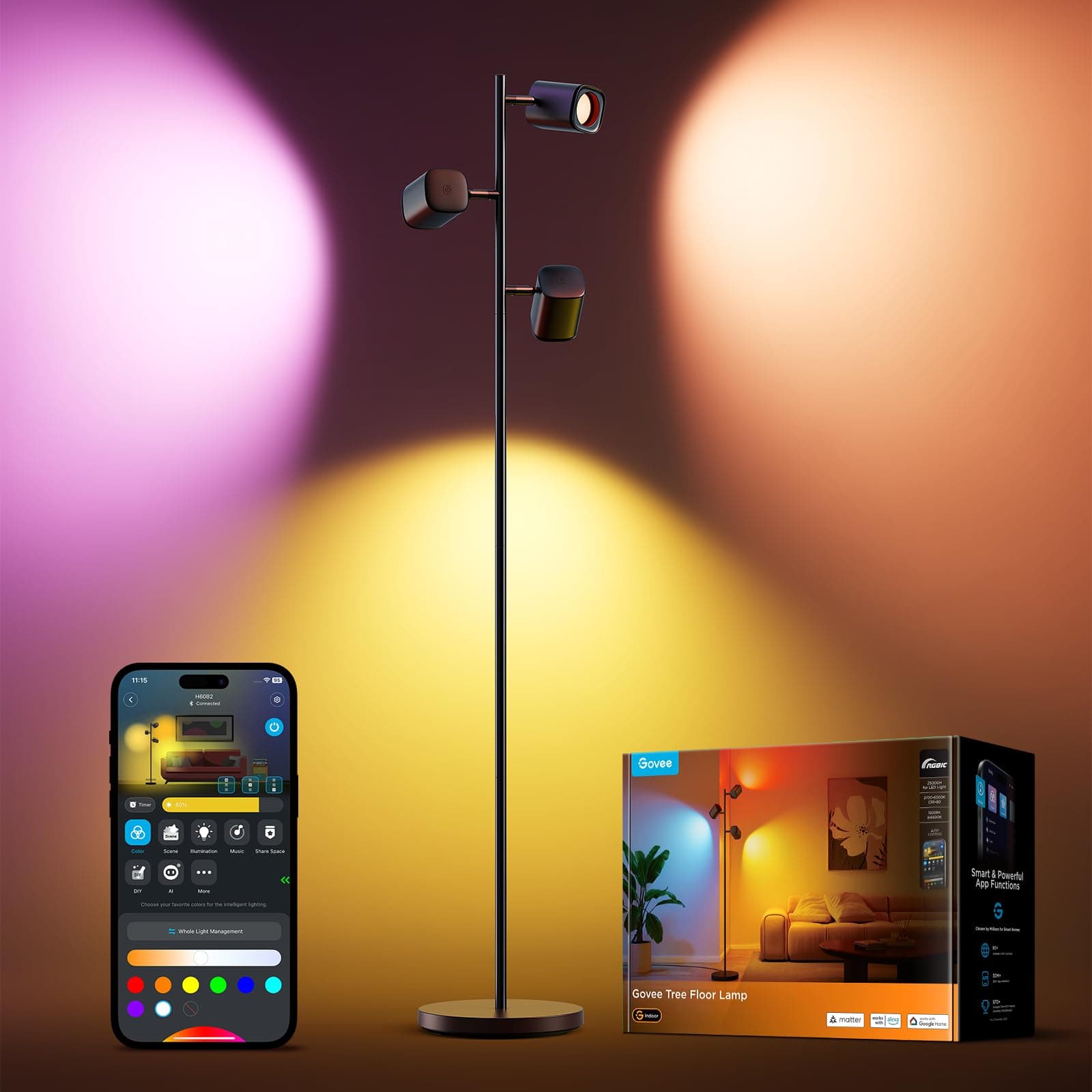 Govee Arbre Lampadaire sur Pied LED RGBWW, 3-Têtes Lampe d'Angle Réglable 1500lm, Compatible avec Matter Alexa, 64+ Scènes, Sync Musique, 157cm Noir Lampadaires pour Salon, Chambre, Salle de Lecture