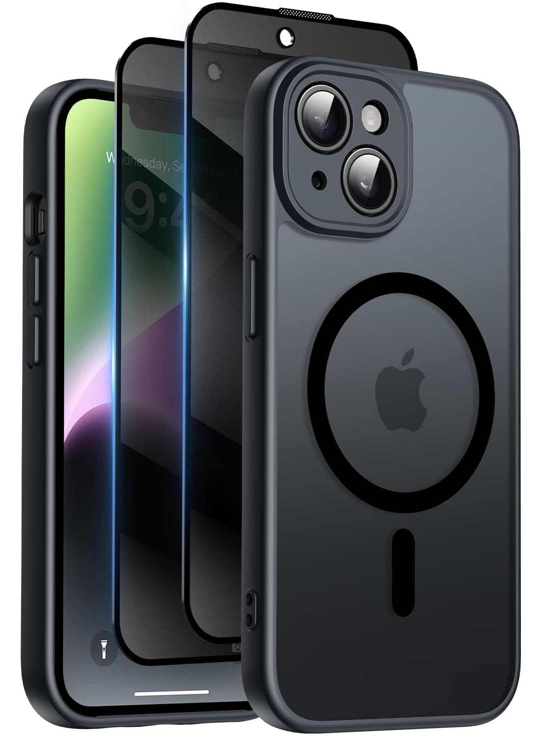Qasyfanc Coque Magnétique pour iPhone 14 6,1 Pouces avec 2 Verre Trempé Anti-Espion, Compatible avec MagSafe, Étui Mat Translucide Arrière Housse Antichoc Anti-Rayures, Noir