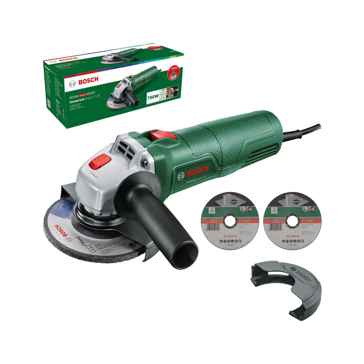 Bosch amoladora pequeña UniversalGrind 7-125 (750 W; con 2 discos de corte recto y 1 disco de amolado; para amolar, cortar, cepillar y lijar; en embalaje de cartón) – Edición para Amazon