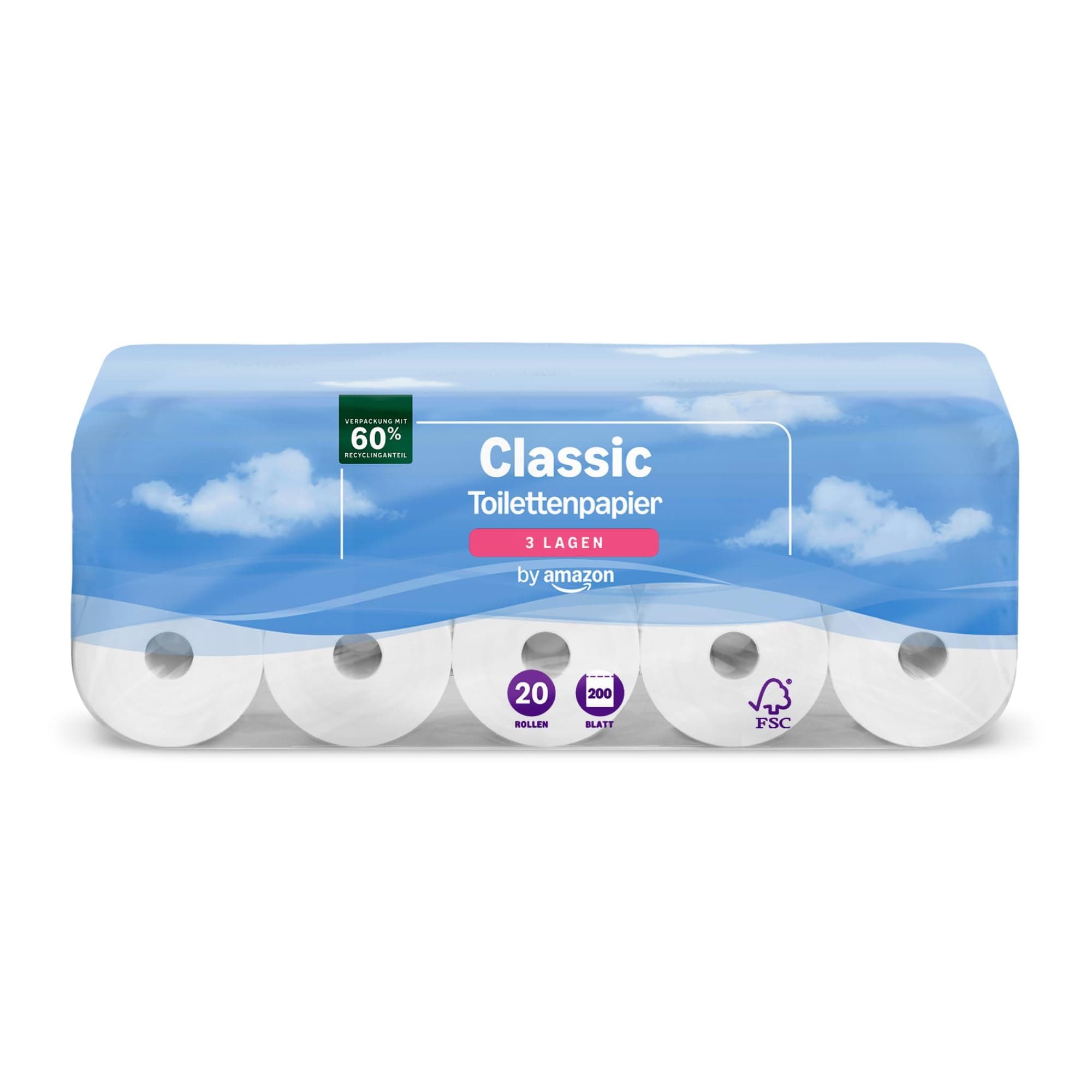 by Amazon Classic Toilettenpapier, 3-lagig, 20 Rollen (1 Packung mit 20), 200 Blatt pro Rolle, FSC-zertifiziert
