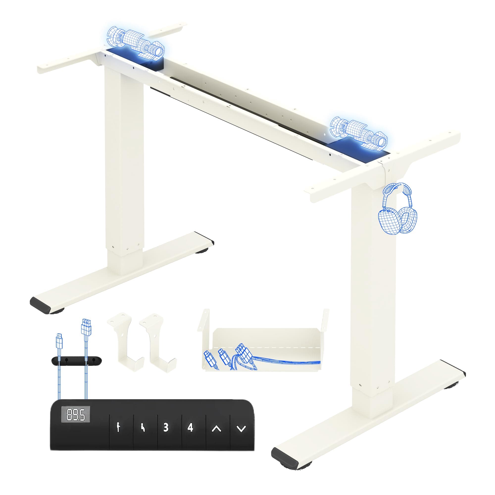 FLEXISPOT Höhenverstellbarer Schreibtisch Gestell, Elektrisch Tischbeine mit 2 Motoren & LED-Höhenanzeige & 4 Speicherfunktionen, inkl. 2 Haken & Kabelmanagement, Mousseweiß