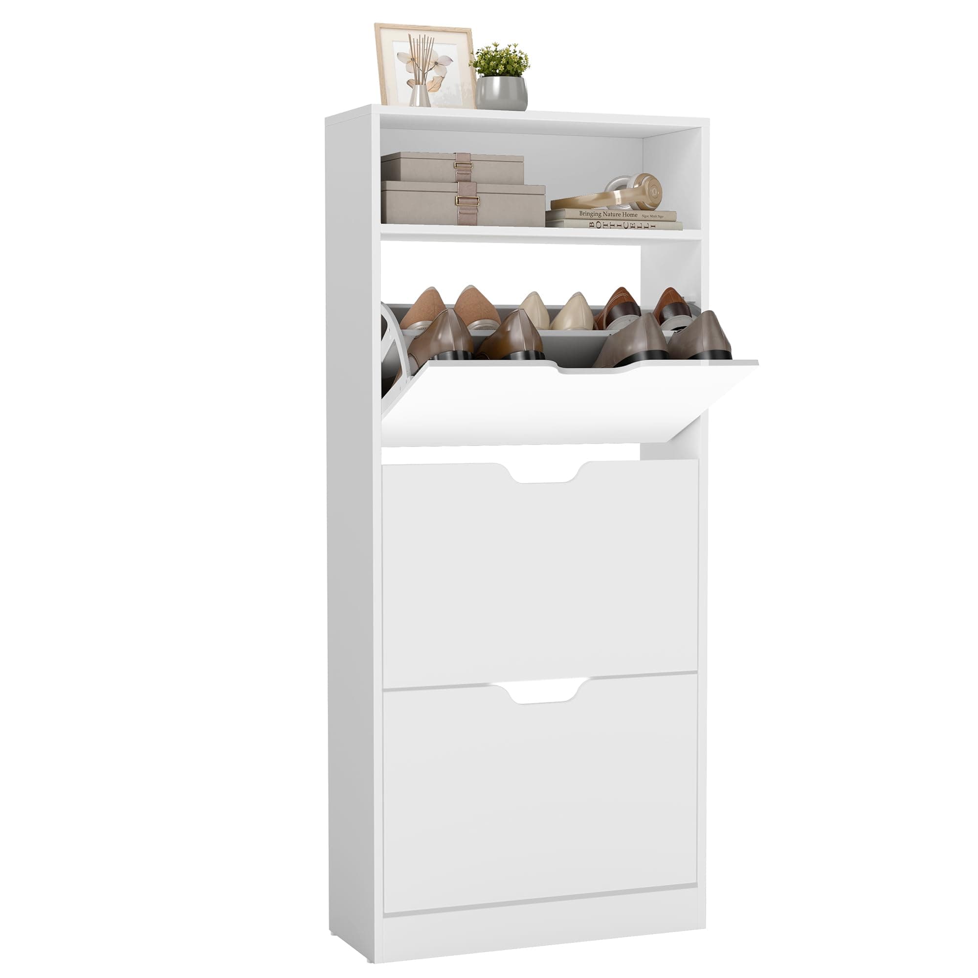 VASAGLE Schuhschrank 3 Klappen, Schuhkipper, Schuhregal, Schuhaufbewahrung, offenes Fach, Trennwand verstellbar, für 14-18 Paar Schuhe, Flur, 24 x 60 x 139 cm, wolkenweiß LBC046W01