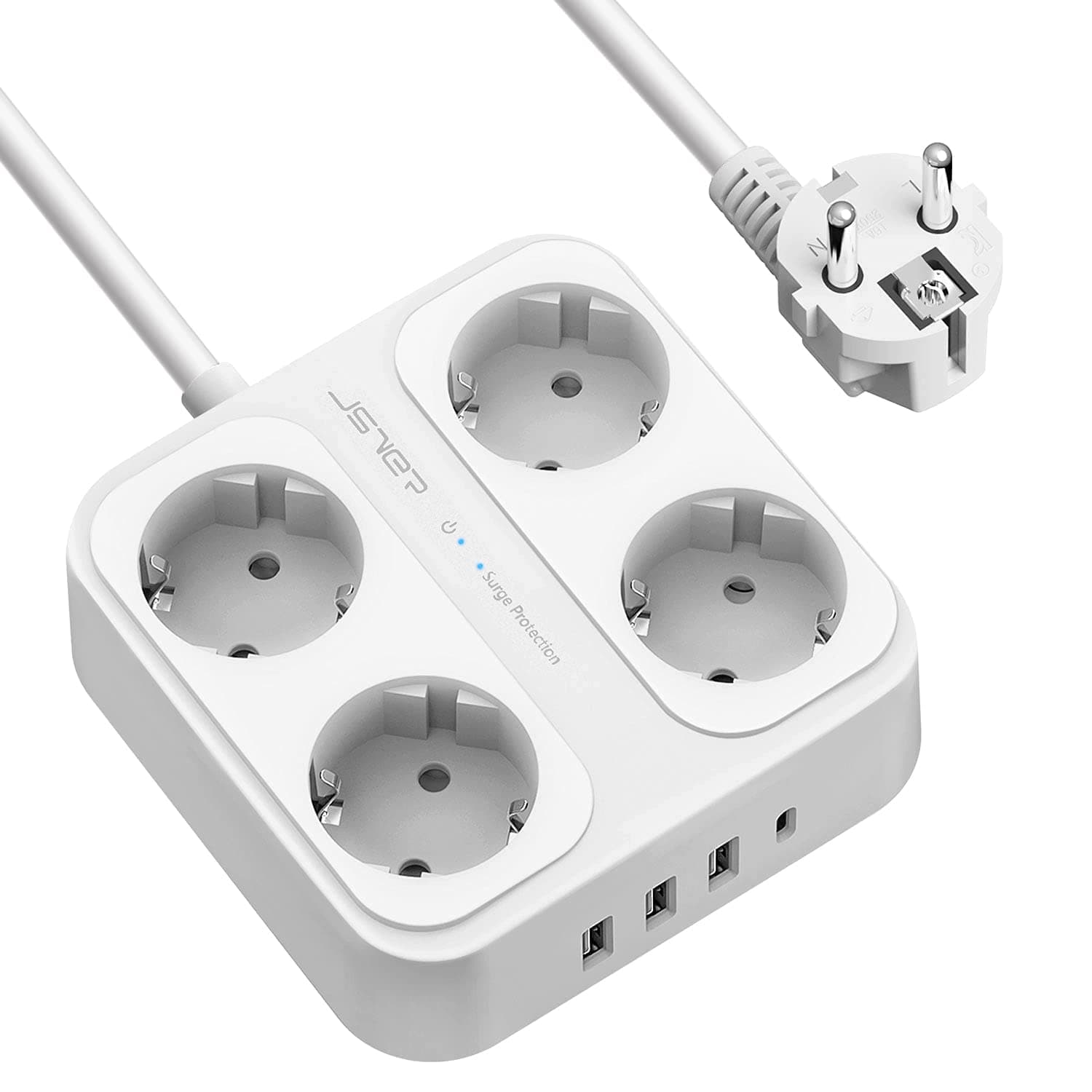 JSVER Regleta Enchufe con USB de 4 Tomas con 4 USB Puertos (3USB A+1 USB C) Protección contra Sobretensiones para el hogar, la Oficina y los Viajes Cable 1,8 m Blanco