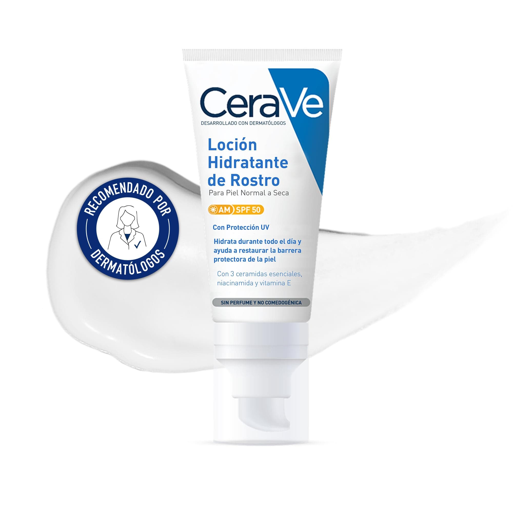 CeraVe, Loción Hidratante de Rostro SPF 50, Para Piel Normal a Seca, Hidratación y Alta Protección Contra los Rayos UVB/UVA, Enriquecida con Ceramidas, 52ml