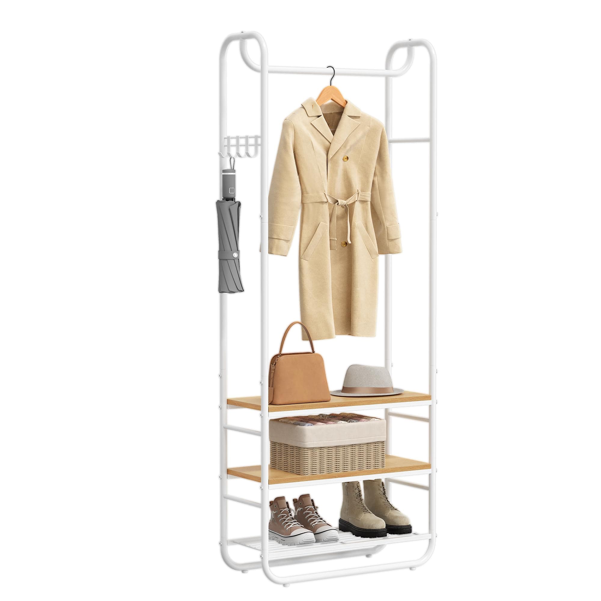 VASAGLE Garderobenständer, Garderobe, Kleiderständer, mit Schuhablage, Schuhregal, Flur, Schlafzimmer, 58 x 28 x 181 cm, skandinavisch, weiß + gold HSR81WN