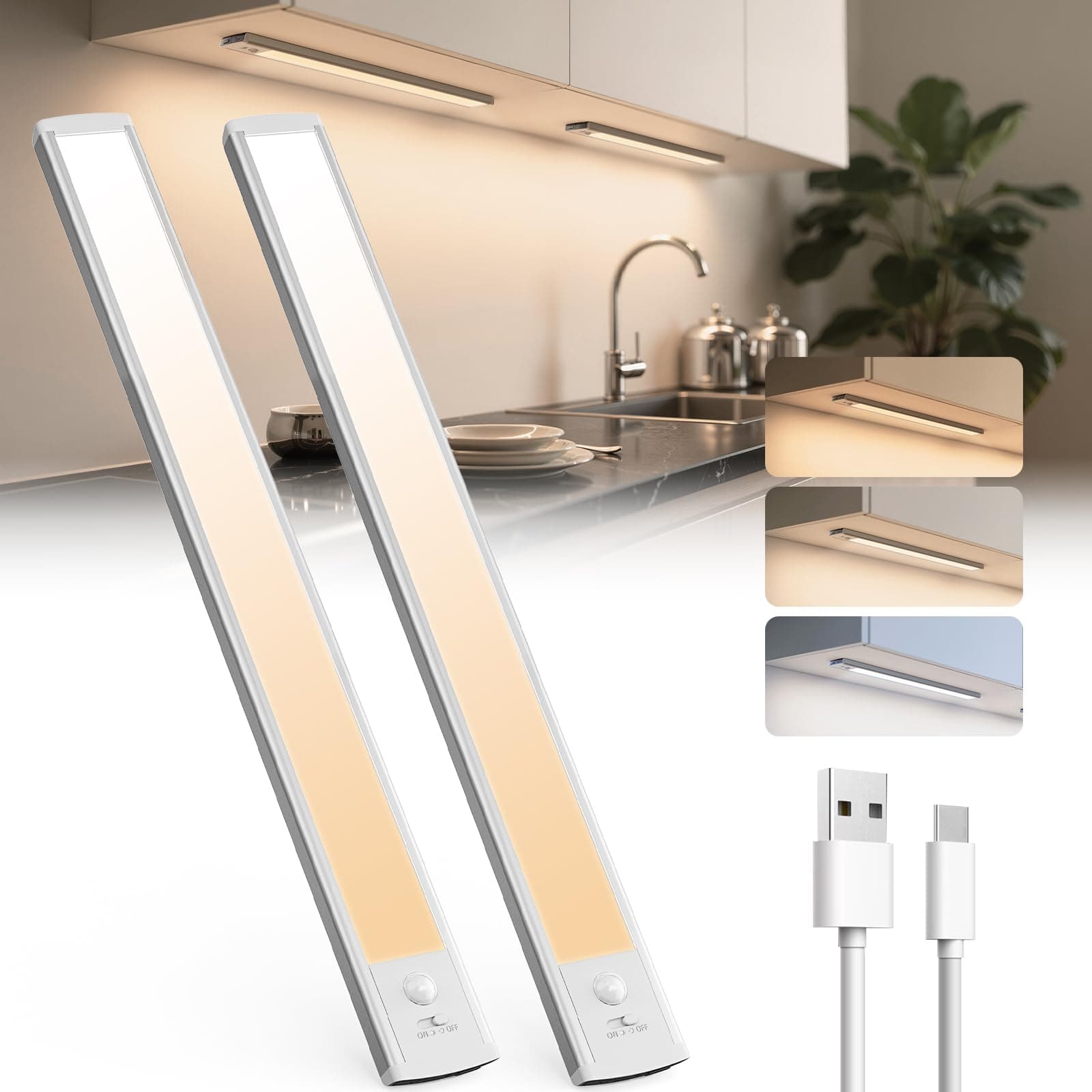 TANSOOL+ Luz LED Armario con Sensor de Movimiento, 50cm Luces LED Cocina USB Recargable Magnética, Luz Sensor Movimiento Interior con 3 Color Modos para Armario, Escalera, Cocina - 2 Piezas