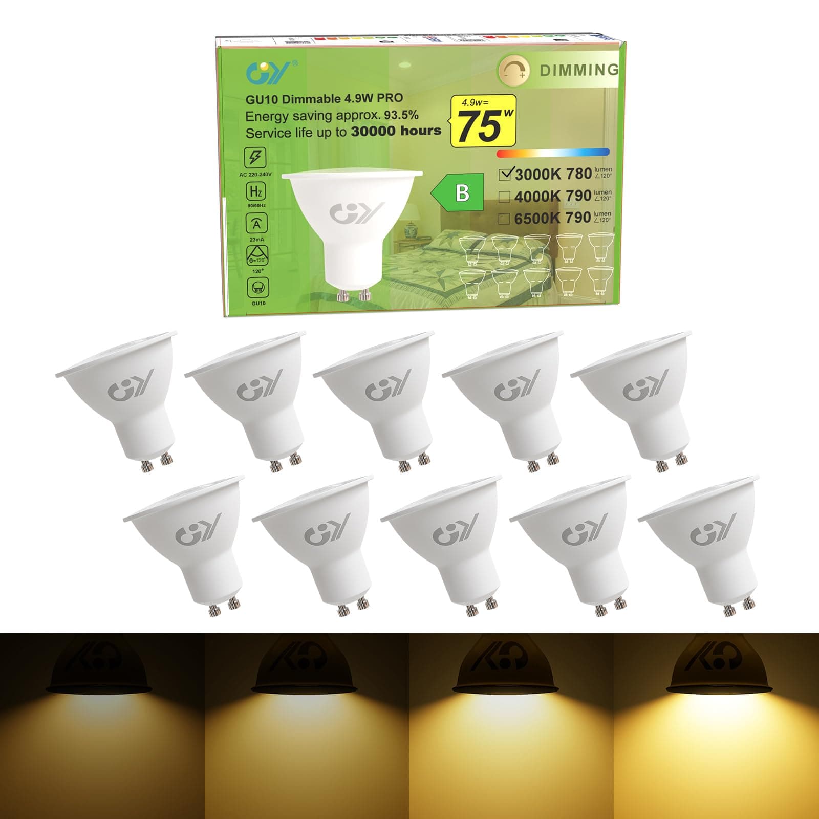 GY Bombilla LED GU10 Regulable 4.9W 780LM, 3000K Blanco Cálido, 110° Ángulo de Haz, Ahorro de Energía, Protección Ocular, Bombilla GU10 LED Dimmable, 10 Unidad (Paquete de 1)