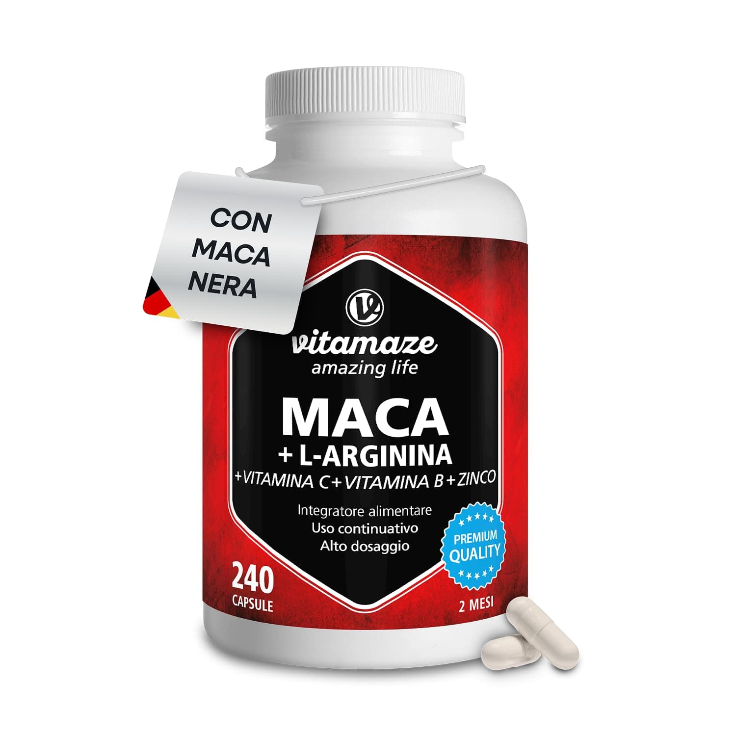 Vitamaze Maca Peruviana (con Maca Nera) Alto Dosaggio con L-Arginina, Zinco, Vitamina C, Vitamine B6 e B12, 240 Capsule, Prodotto in Germania, Integratore Alimentare Vegetale senza Additivi