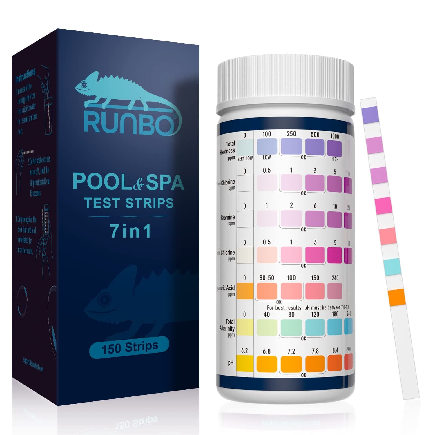RUNBO 7 en 1 Testeur pour Eau de Piscine et Spa, 150 test pour tester chlore libre, le chlore total, le brome, la dureté totale, l’alcalinité totale, l’acide cyanurique et le pH