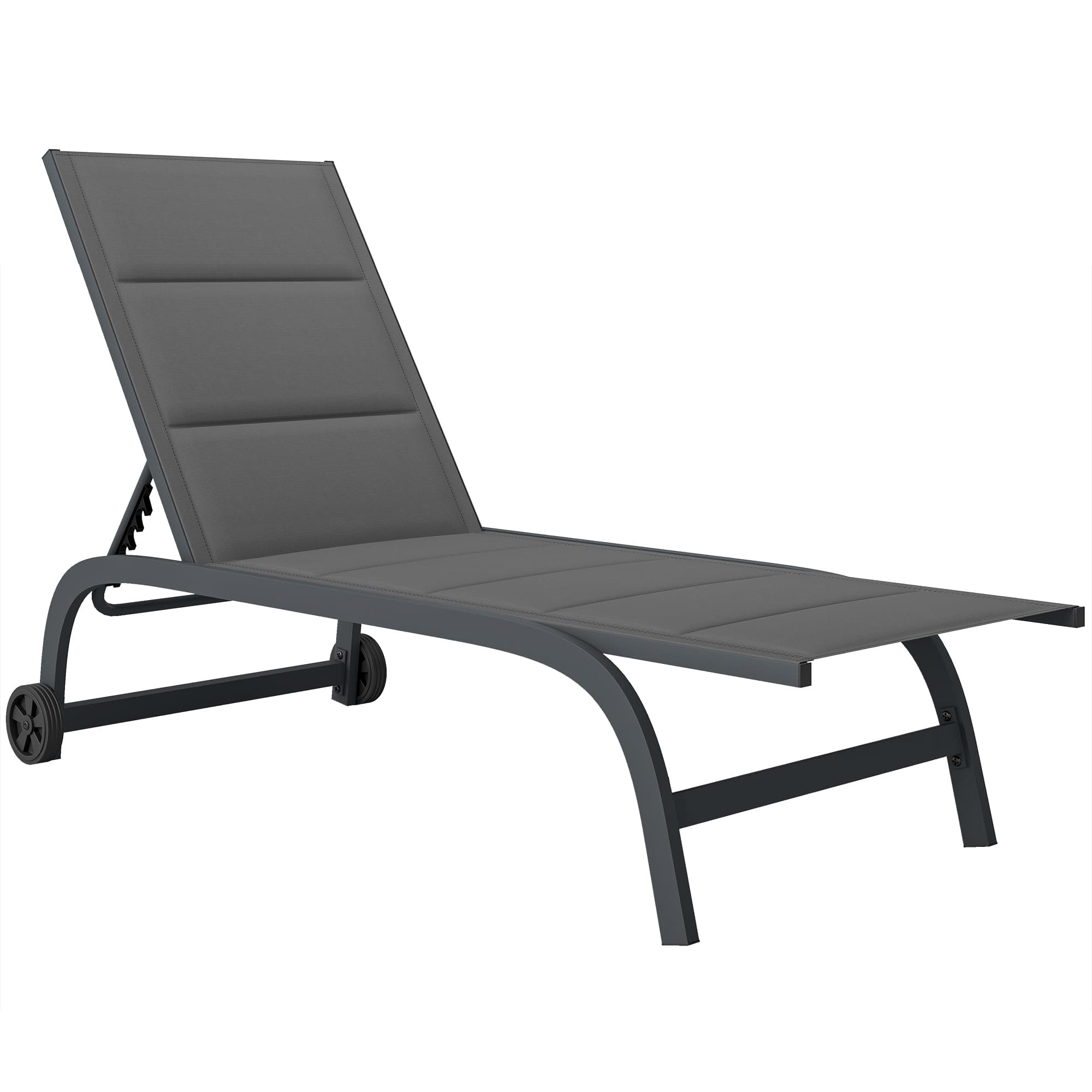 Outsunny Bain de Soleil en Aluminium, Dossier Réglable 6 Positions avec Roues, Textilène 560g/m² et Rembourrage Intégré, Chaise Longue Anti-Rouille pour Terrasse Piscine Jardin Plage, Gris Foncé