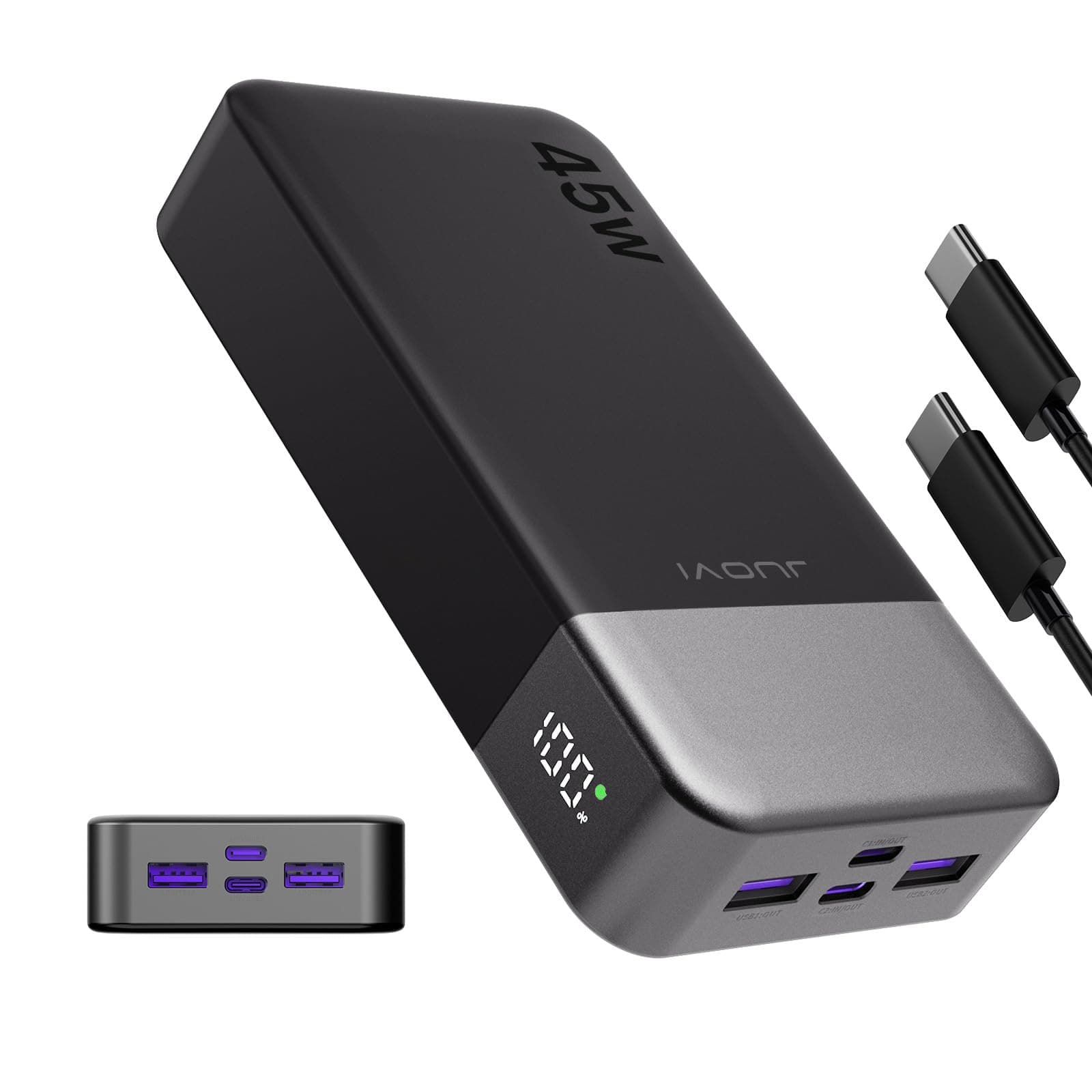 JUOVI Batterie Externe Charge Rapide, Batterie Externe 45w, Power Bank 20000mah, USB C Charger, PD et QC Charge 4-Ports, avec Affichage LED pour Samsung iPhone 16 15 Pro Laptop
