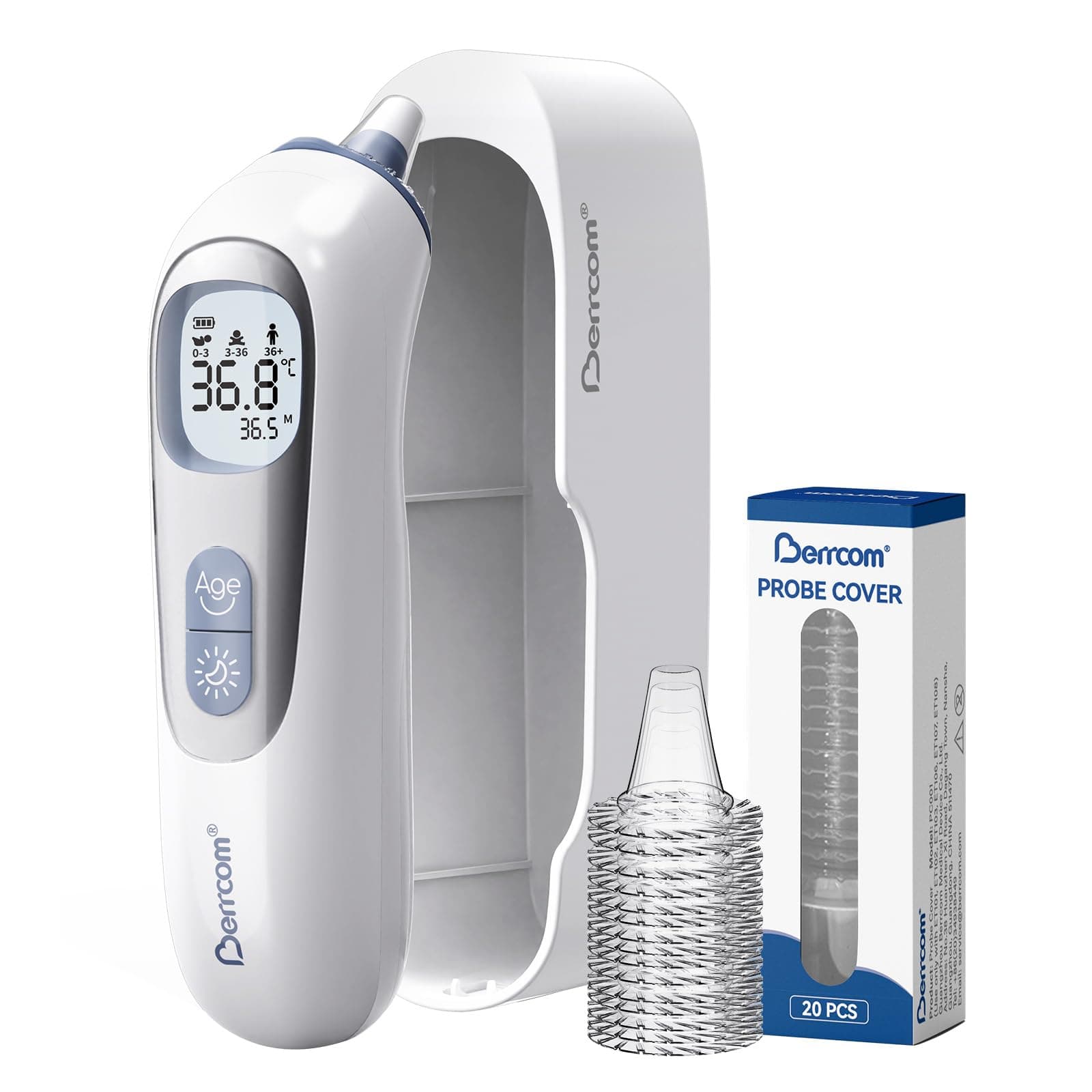 Thermomètre Auriculaire Haute Précision, Berrcom Thermomètre Médical Avec Technologie de Sonde Préchauffée Pour Adultes et Bébés, Guide de Température par Tranche d'âge, Lecture Instantanée