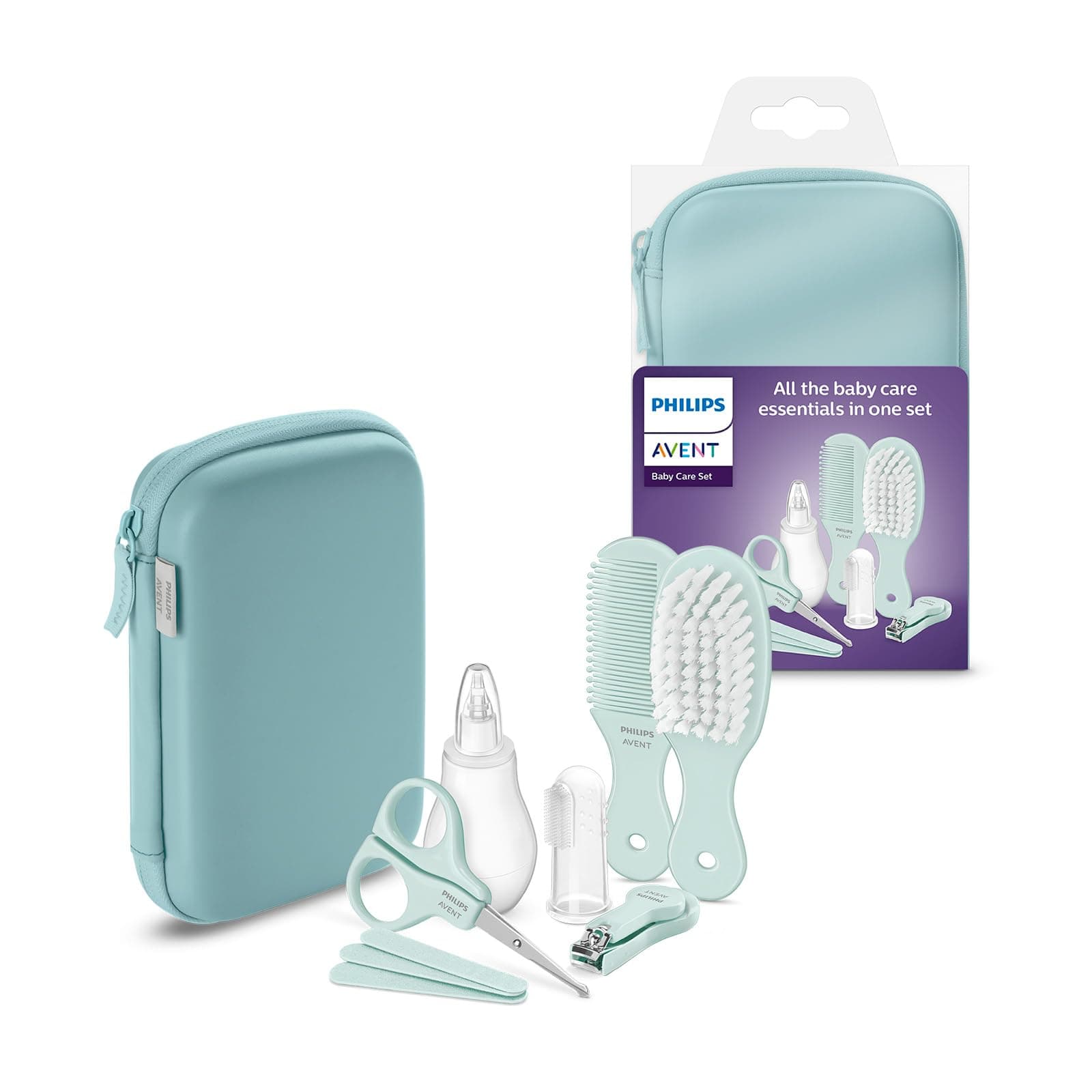 Philips Avent Baby Care Set: 9-teiliges Starter-Set für Babypflege - Nagelknipser, Schere, 3 Nagelfeilen, Kamm, Bürste, Nasensauger und Fingerhut (Modell SCH401/00)
