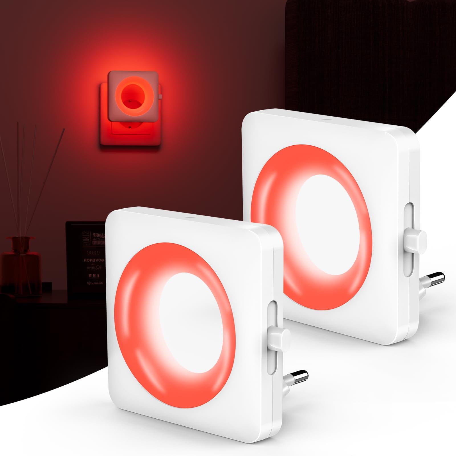 Luz Nocturna Infantil Rojo Relajante, 2pcs LED Atenuación Continua Luz Nocturna Enchufe ON/OFF Automático con Sensor Crepuscular Incorporado Bajo Consumo para Dormitorio, Pasillo, Escaleras y Baño