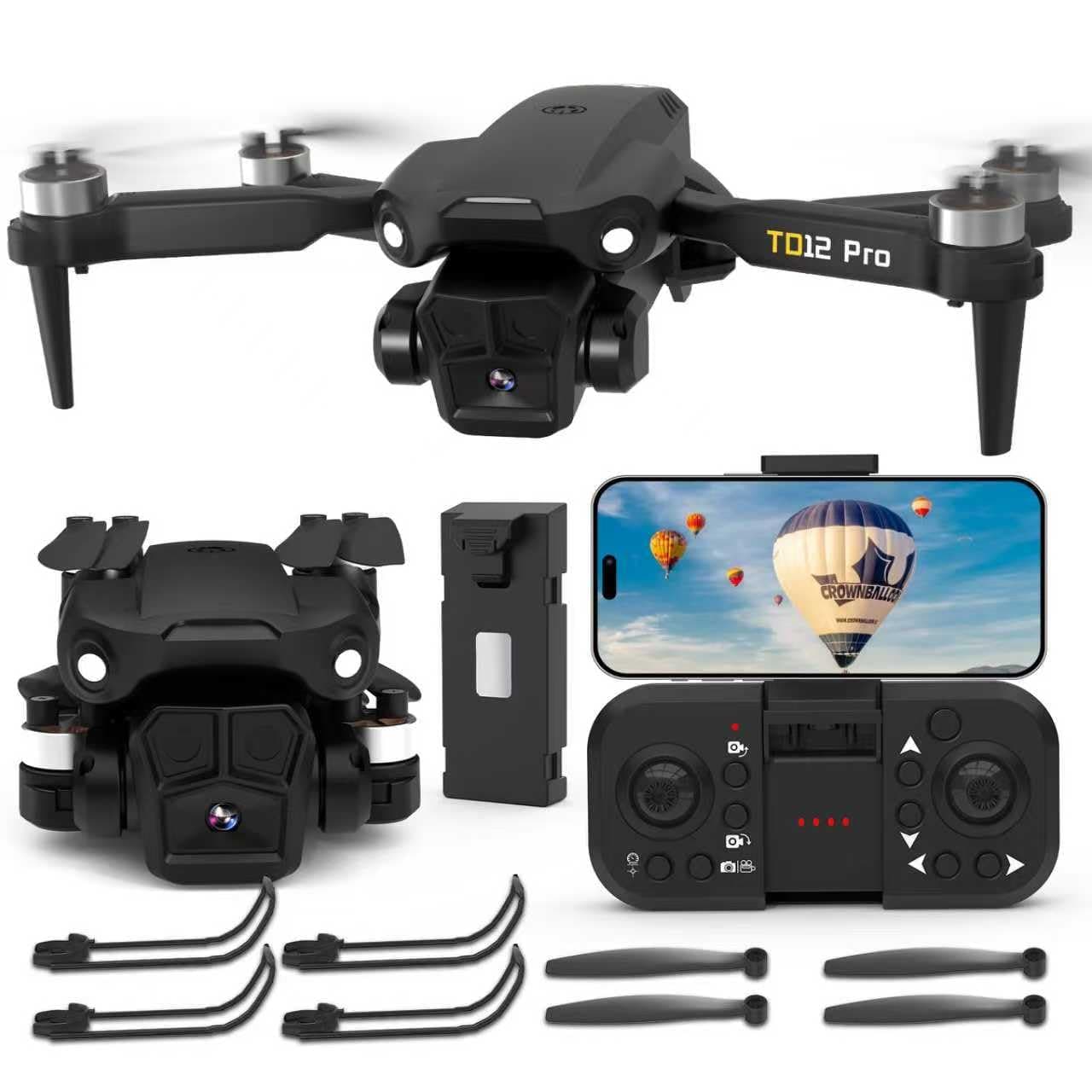 Toladrone TD12PRO Drone avec Caméra 1080P, Drones pour Adultes, Réglage Motorisé à 90°, Résistance au Vent de Niveau 3, Contrôle via Application, Quadricoptère Pliable pour Débutants