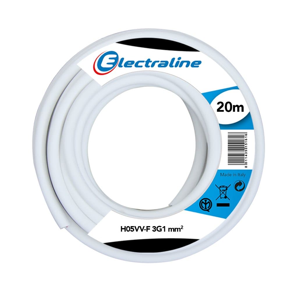 Electraline 11725 H05VV-F Cavo per Prolunghe, 3G 1 mm², Lunghezza 20 m, Bianco