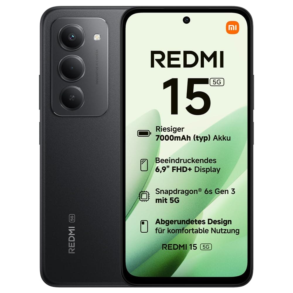 XIAOMI Redmi 15 5G, Smartphone 8+256GB, 6,9" FHD+ DotDisplay 144Hz, Snapdragon® 6s Gen 3, 6nm-Prozess, Octa-Core-CPU, 50MP Hauptkamera, 7000mAh, Schwarz